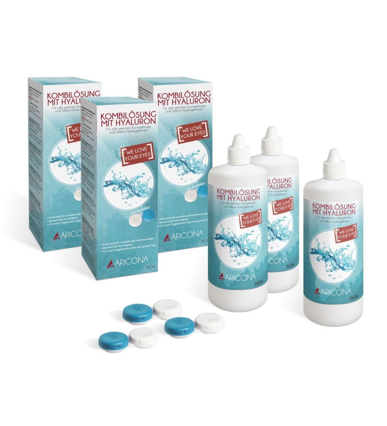 Aricona Contact Lens Fluid - All-in-One Solution with Hyaluron | 3 x 360ml for Soft Lenses | Includes Containers - International Shipping - Buy Online on GoSupps.com
