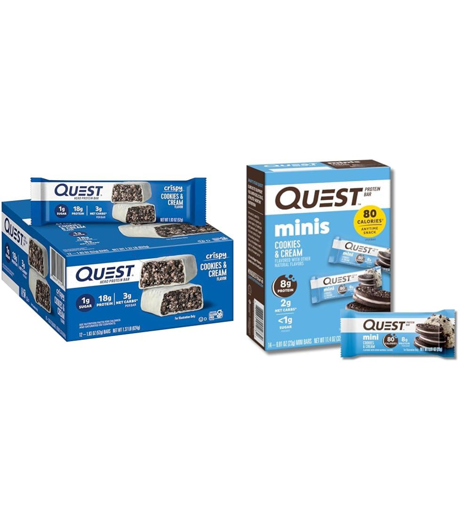 Quest Cookies & Cream Hero Protein Bar (18g) 12 Count & Mini Cookies & Cream Bars (14 Count) Bundle