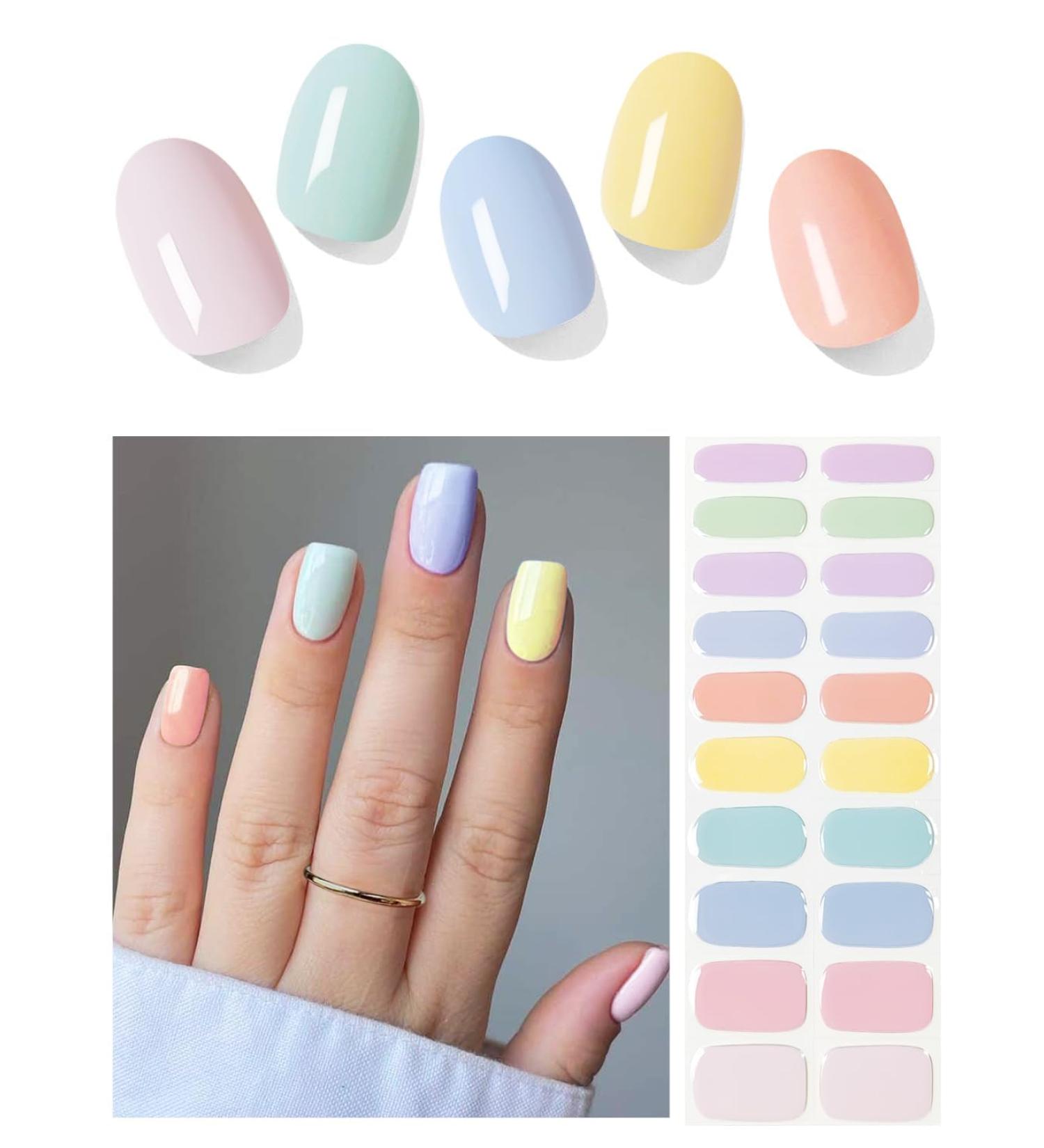 Foyute Semi Cured Gel Nail Strips 20 Pcs Soft Self-Adhesive Gel Nail Polish Wraps Sticker for Salon-Quality Manicure Set Long Lasting Easy to Apply & Remove Nail File & Wooden Stick (Rainbow) - Buy Online on GoSupps.com