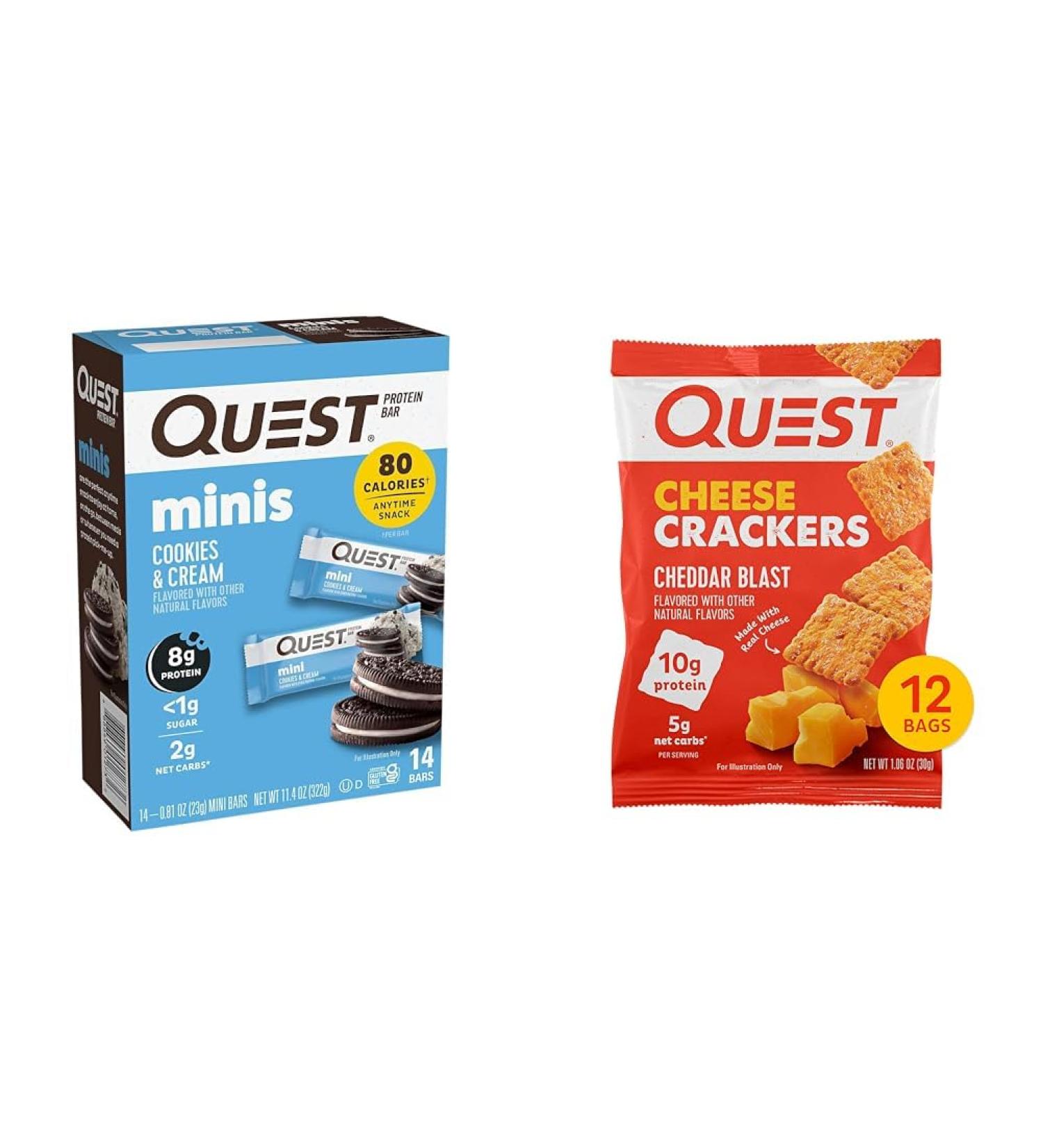 Quest Nutrition Mini Cookies & Cream Protein Bars High Protein Low Carb Keto Friendly 14 Count & Cheese Crackers Cheddar Blast High Protein Low Carb - Buy Online on GoSupps.com