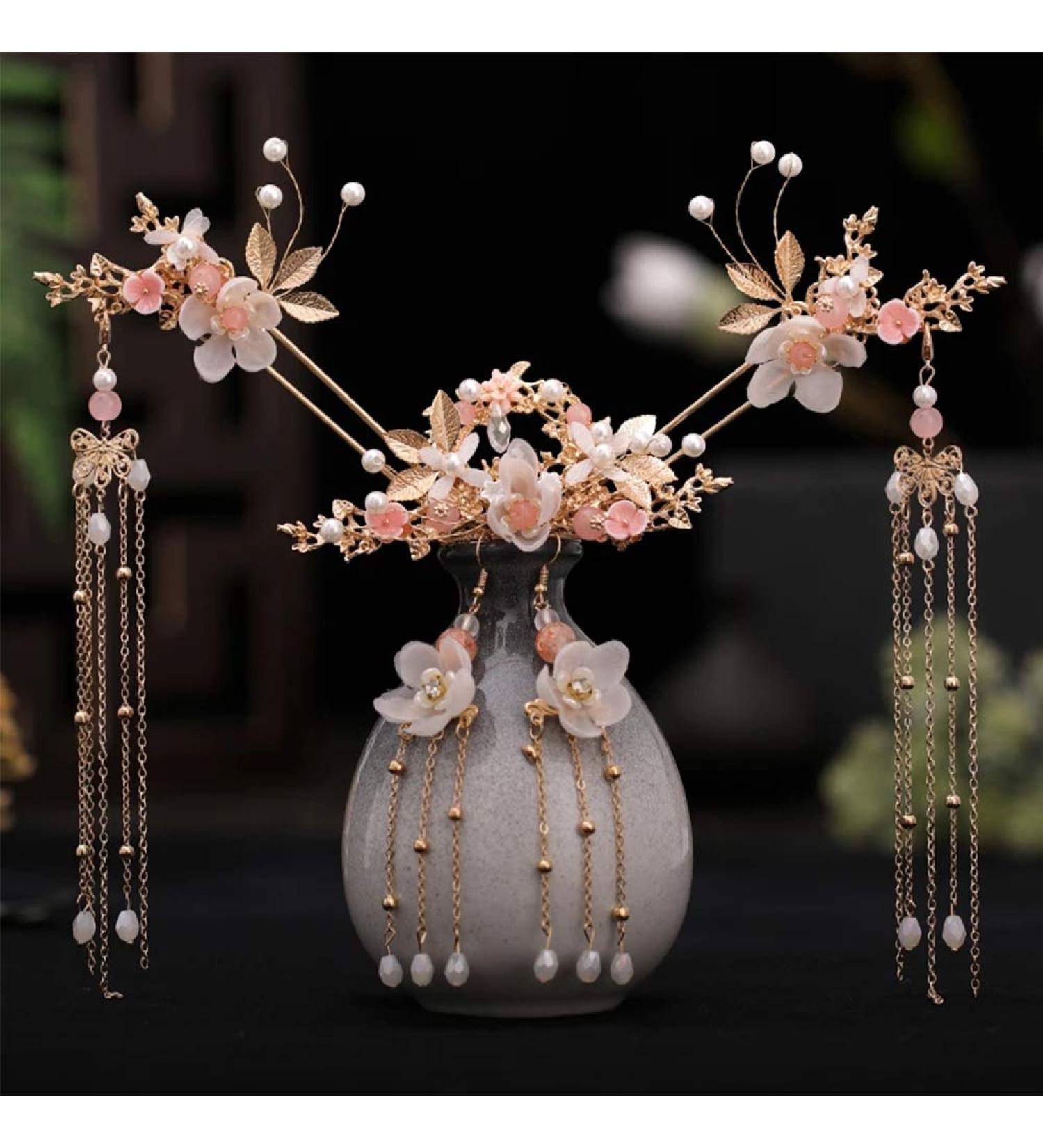 Houchu Chinese Hair Sticks - Traditional Classical Handmade Hair Jewelry with Tassel, Flower, Crystal, and Pearl Accents - Buy Online on GoSupps.com