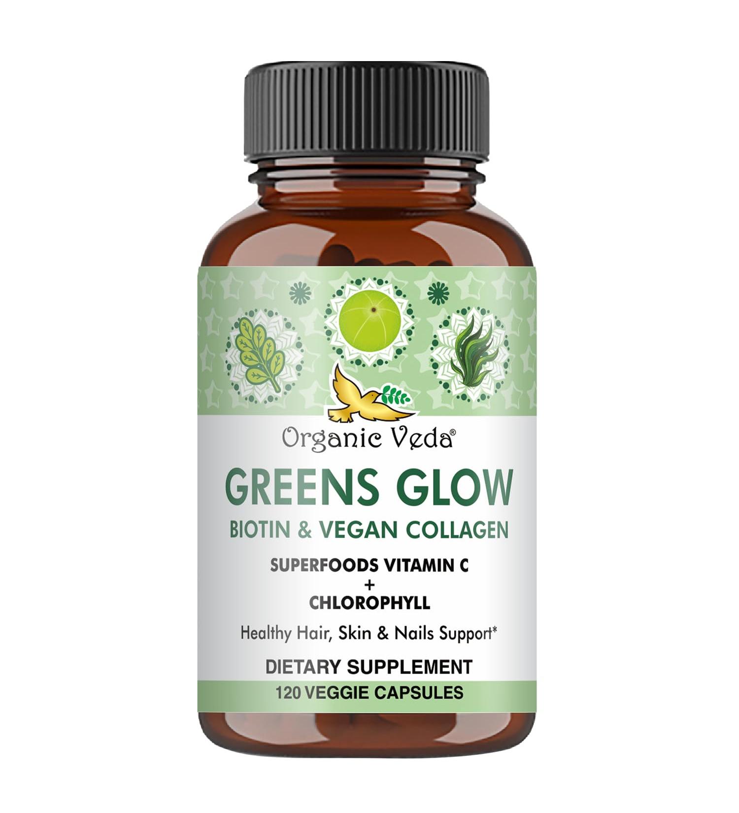 Organic Veda Greens Glow Superfoods Biotin Vegan Collagen Capsules for Hair Skin and Nails - Vitamin C E hyaluronic Acid & Chlorophyll - Moringa Green Tea Extract Antioxidants Supplement - 120 - Buy Online on GoSupps.com