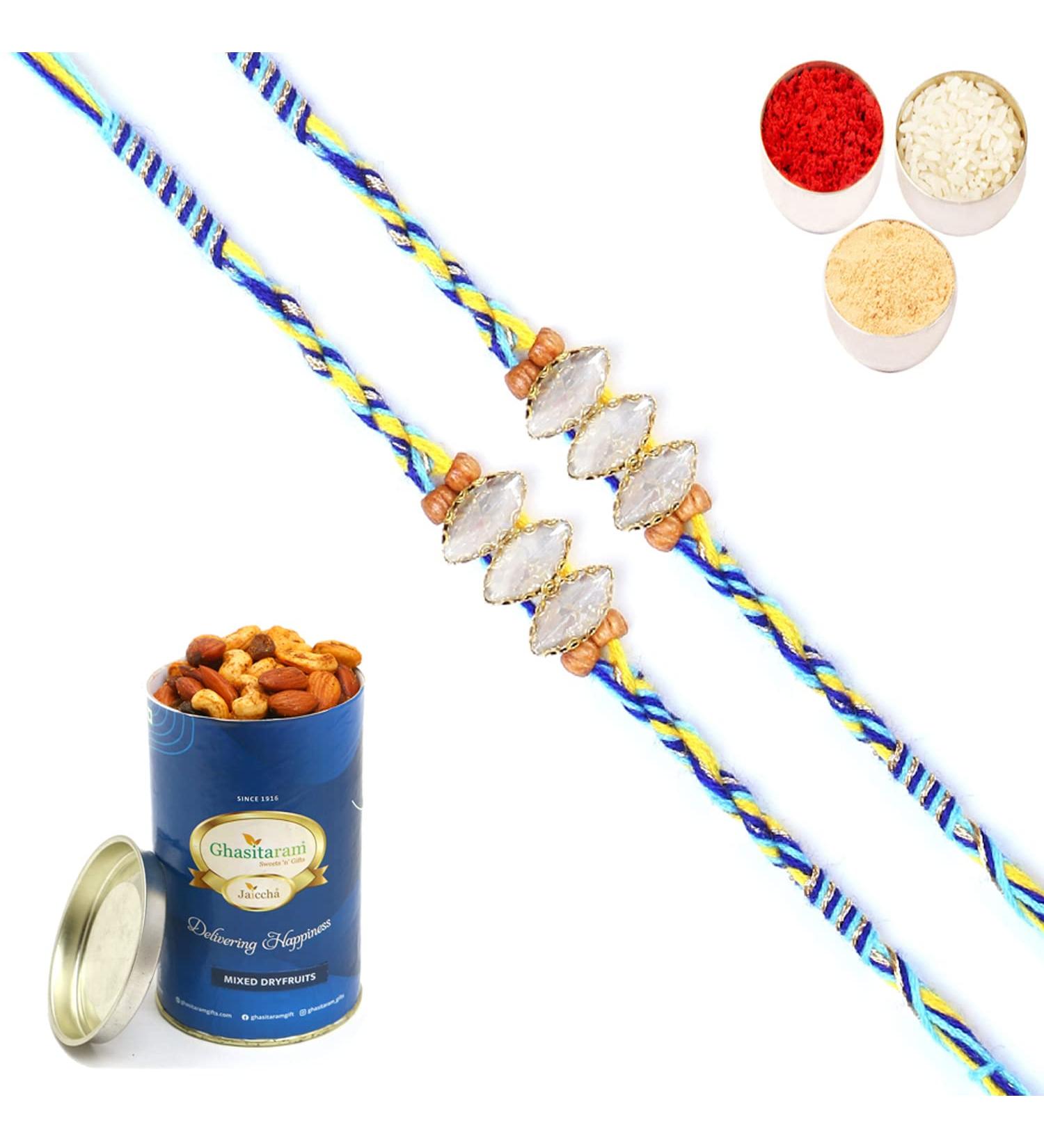 Ghasitaram Gifts Rakhi for Brother Rakhis Online - Set of 2-6400 Fancy Thread Rakhis with 100 GMS of Dryfruits Mix Can 2 Rakhi with 100 gms of Dryfruits Mix Can - Buy Online on GoSupps.com