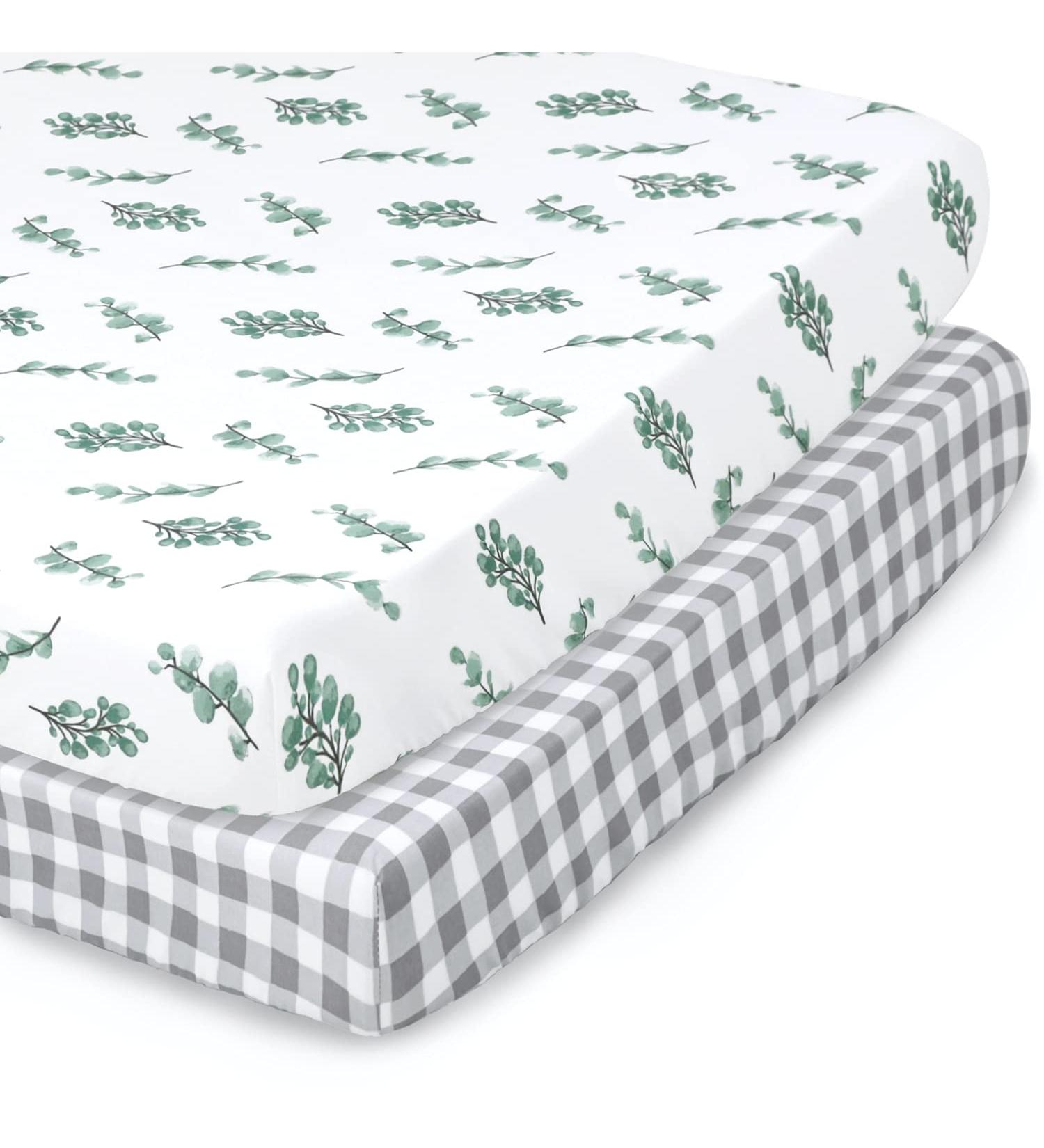 Peanutshell Fitted Pack n Play Mini Crib Sheets | Unisex 2 Pack Set Farmhouse Floral Grey Plaid | Baby Boys Girls - Buy Online on GoSupps.com