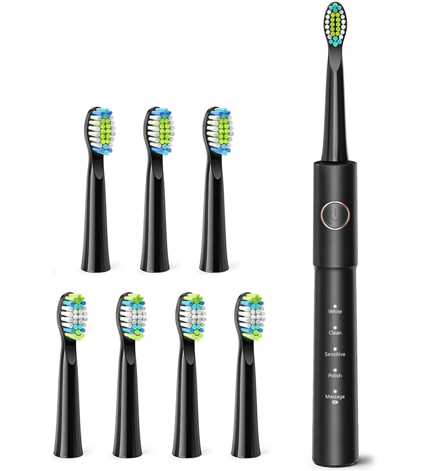 Electric Toothbrush with 5 Modes, 8 Heads, 40,000 VPM, IPX7 Waterproof, Timer - Rechargeable Sonic Toothbrush for Adults and Teens - Fast Charge, Long Battery Life, Portable - Black - Buy Online on GoSupps.com