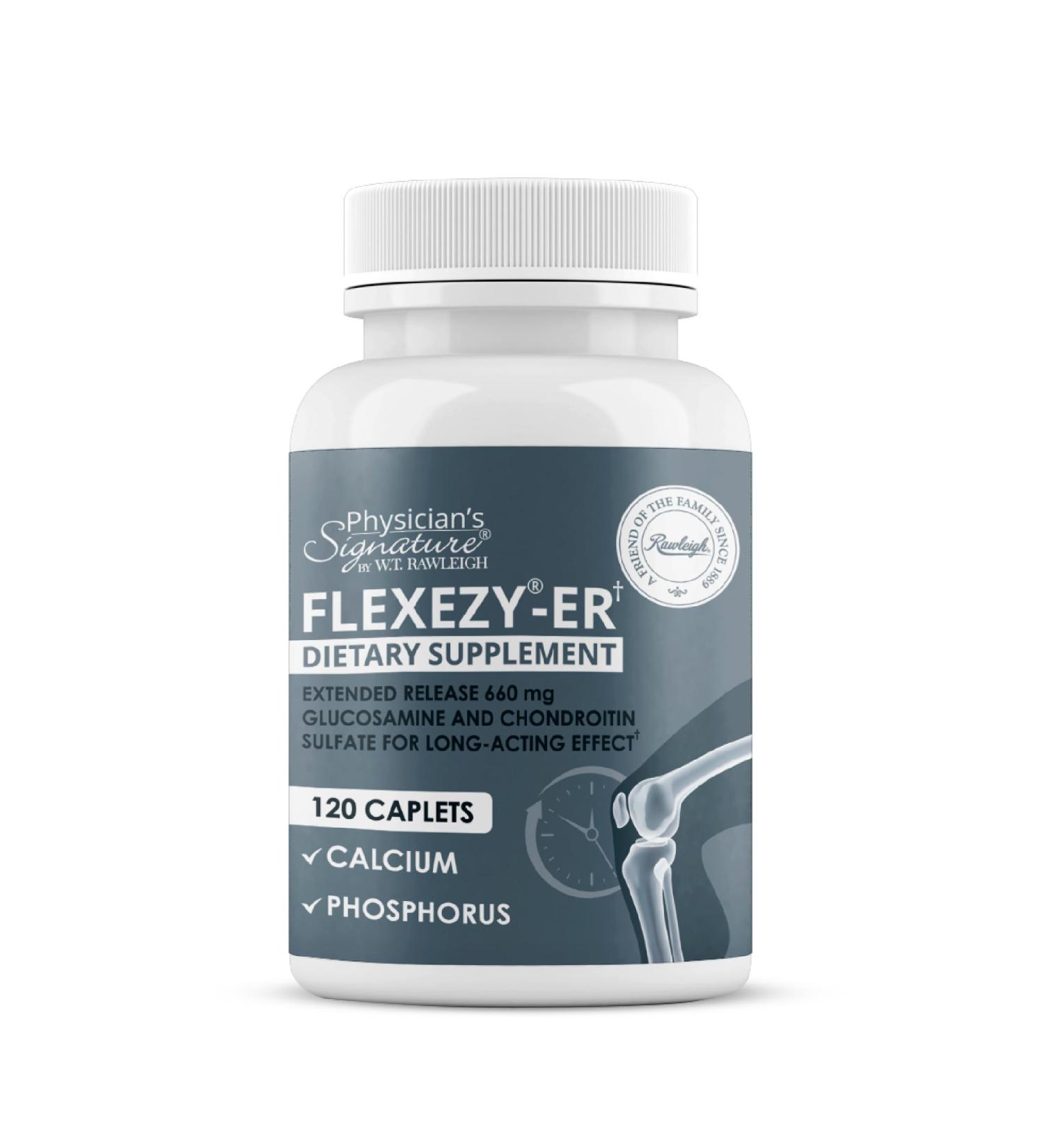 Rawleigh Flexezy-ER: 120 Caplets High Strength Glucosamine & Chondroitin Sulfate Blend Calcium & Phosphorous 24-Hour Extended Release Bone & Joint Health Supplement. Non-GMO Gluten Free - Buy Online on GoSupps.com