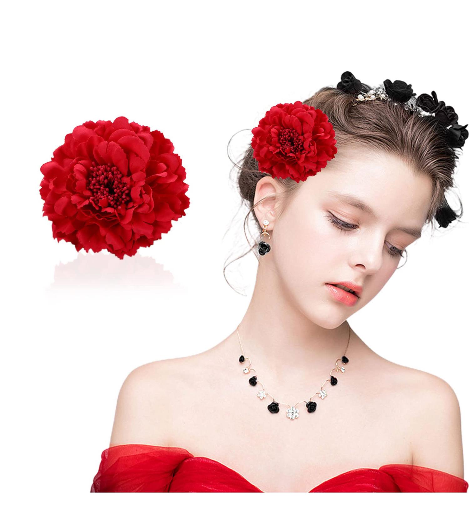 VIKSAUN Flower Hair Clip Peony Hairpin Dancer Pin up Flower Brooch Wedding Bridesmaid Hairpins Hair Accessories Wedding Prom Party Special Occasion Vintage Fascinator Rose Red (Red) - Buy Online on GoSupps.com
