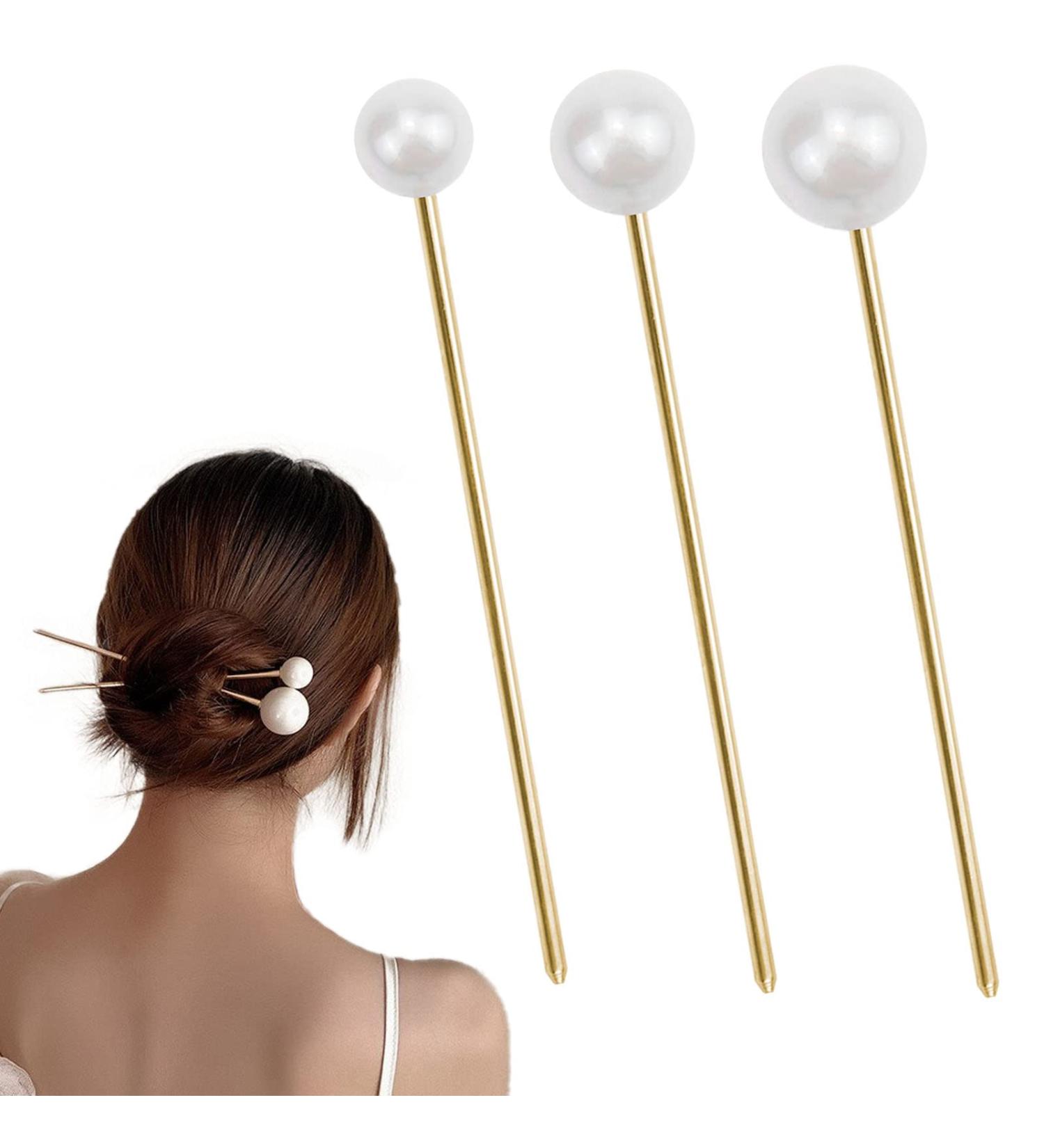 3 Pcs Minimalist Pearl Hair Pins | Metal Hair Stick for Women and Girls - Buy Online on GoSupps.com