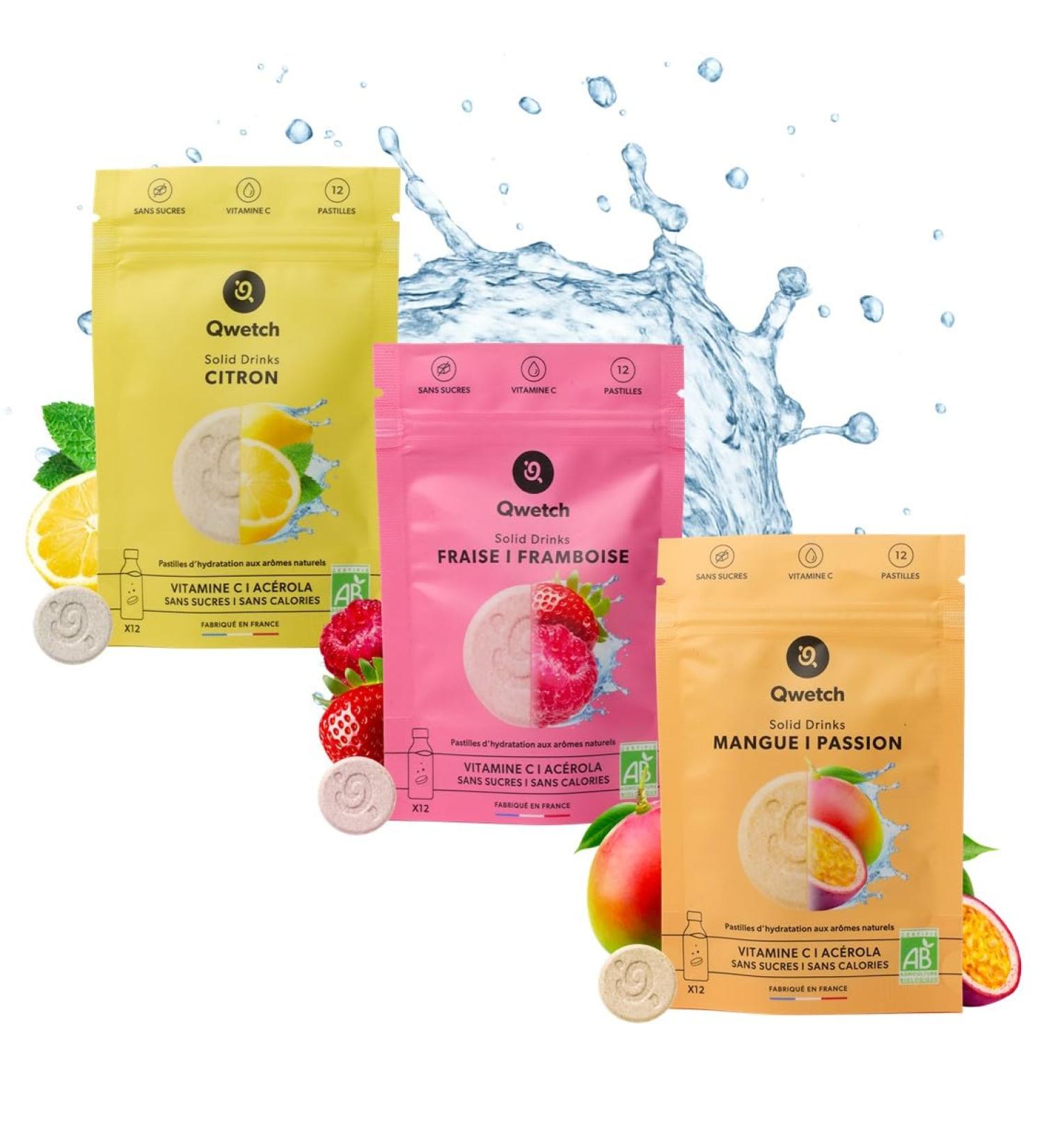  QWETCH Qwetch Organic Solid Drinks 36 Hydration Tablets with Natural Vitamin C Sugar-Free Calorie-Free Drink Lemon Mango & Passion Fruit Strawberry & Raspberry Flavors Vegan Made in France - Buy Online on GoSupps.com