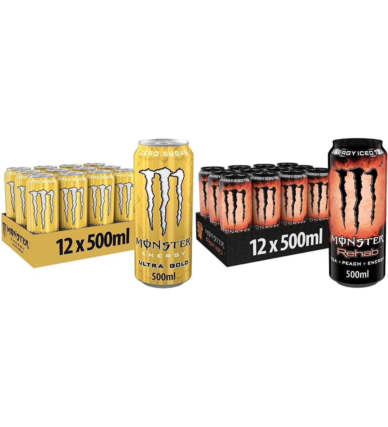 Buy Monster Energy Ultra Gold & Rehab Peach - Caffeine Energy Drink Bundle (12x500ml) - Non-Carbonated Refreshing Iced Tea with Peach & Pineapple Flavor - International Shipping Available - Buy Online on GoSupps.com