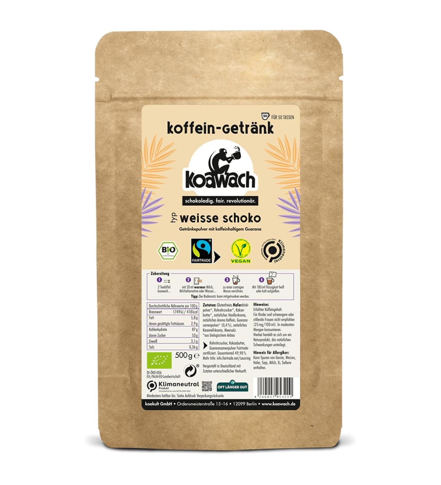 Koawach white chocolate powder - organic chocolate vegan with caffeine made of guarana - white drinking chocolate hot or cold - Energy drink powder white chocolate 500 g (1 Pack)