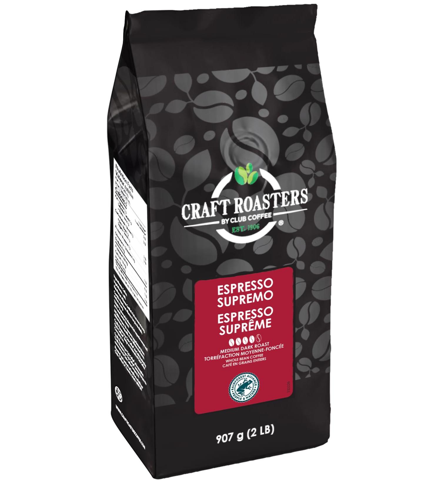 Club Coffee Craft Roasters Whole Bean Coffee Rainforest Alliance Certified (Espresso Supremo - Medium Dark Roast 2lb bag) Espresso Supremo - Medium Dark Roast 907 g (Pack of 1) - Buy Online on GoSupps.com