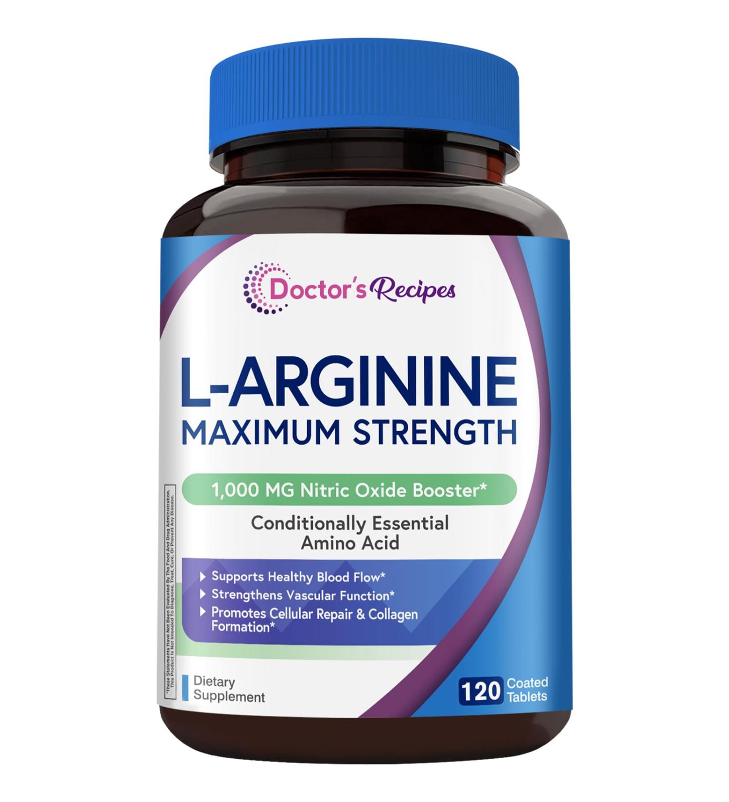 Doctor's Recipes L-Arginine 1000mg Maximum Dose Nitric Oxide Production Blood Flow and Vascular Function Endurance and Workout Support for Men and Women 120 Coated Tablets - Buy Online on GoSupps.com