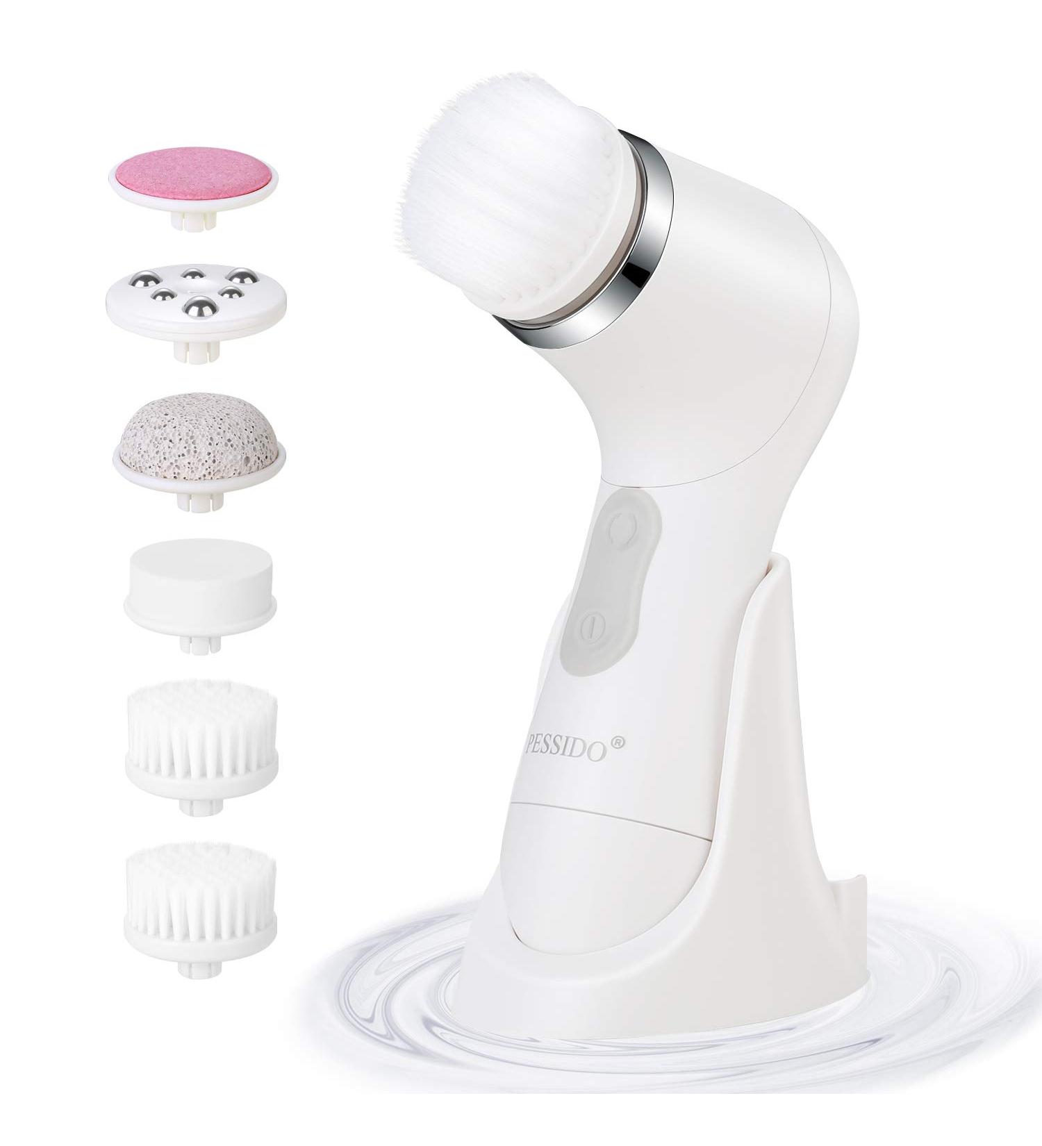 Pessido Waterproof Spin Facial Cleansing Brush Set with 6 Brush Heads - Gentle Exfoliating, Deep Cleansing, Massaging - for Men and Women (White) - Buy Online on GoSupps.com