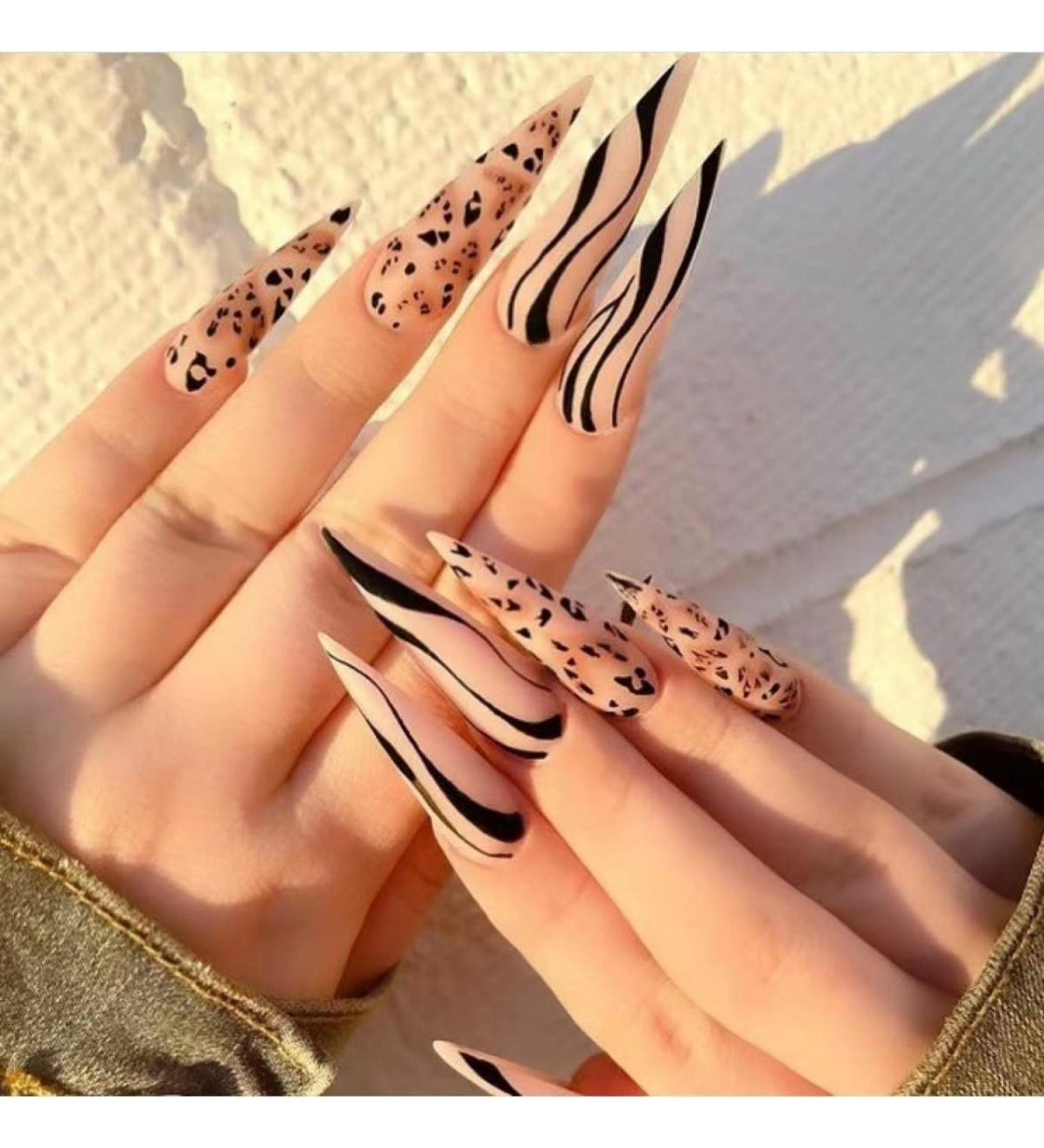 JUSTOTRY 24 Pcs Swirl Stiletto Fake Nails - Long Black French Press on Nails with Leopard Almond Patterns - Extra Long False Nails with Glue for Women's Nail Art - Buy Online on GoSupps.com