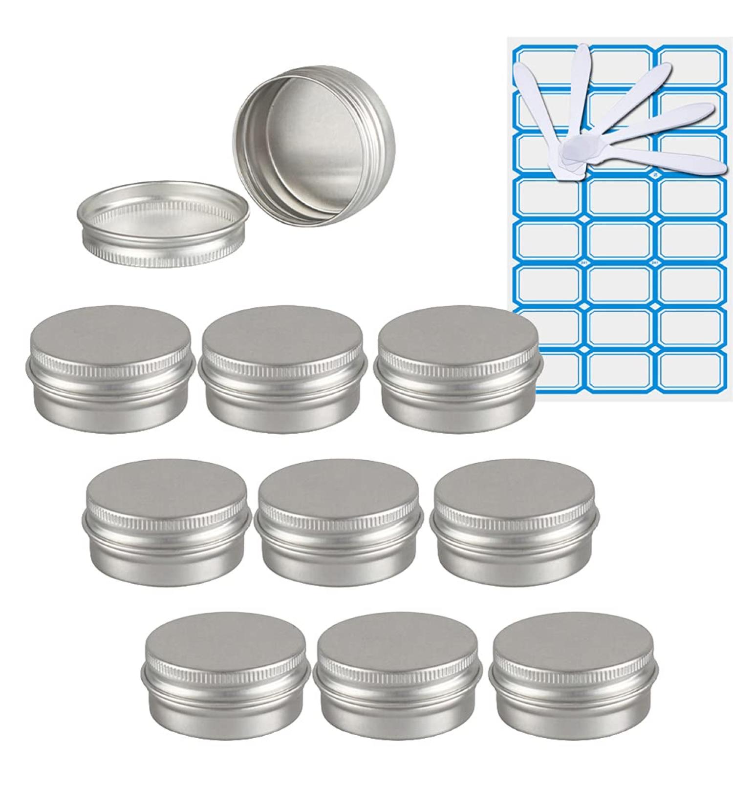 Zeoabsy 10ml Silver Aluminum Tins - 10 Pack Screw Cap Cans for Cosmetics Candles Ointments + Spatulas & Labels - Buy Online on GoSupps.com