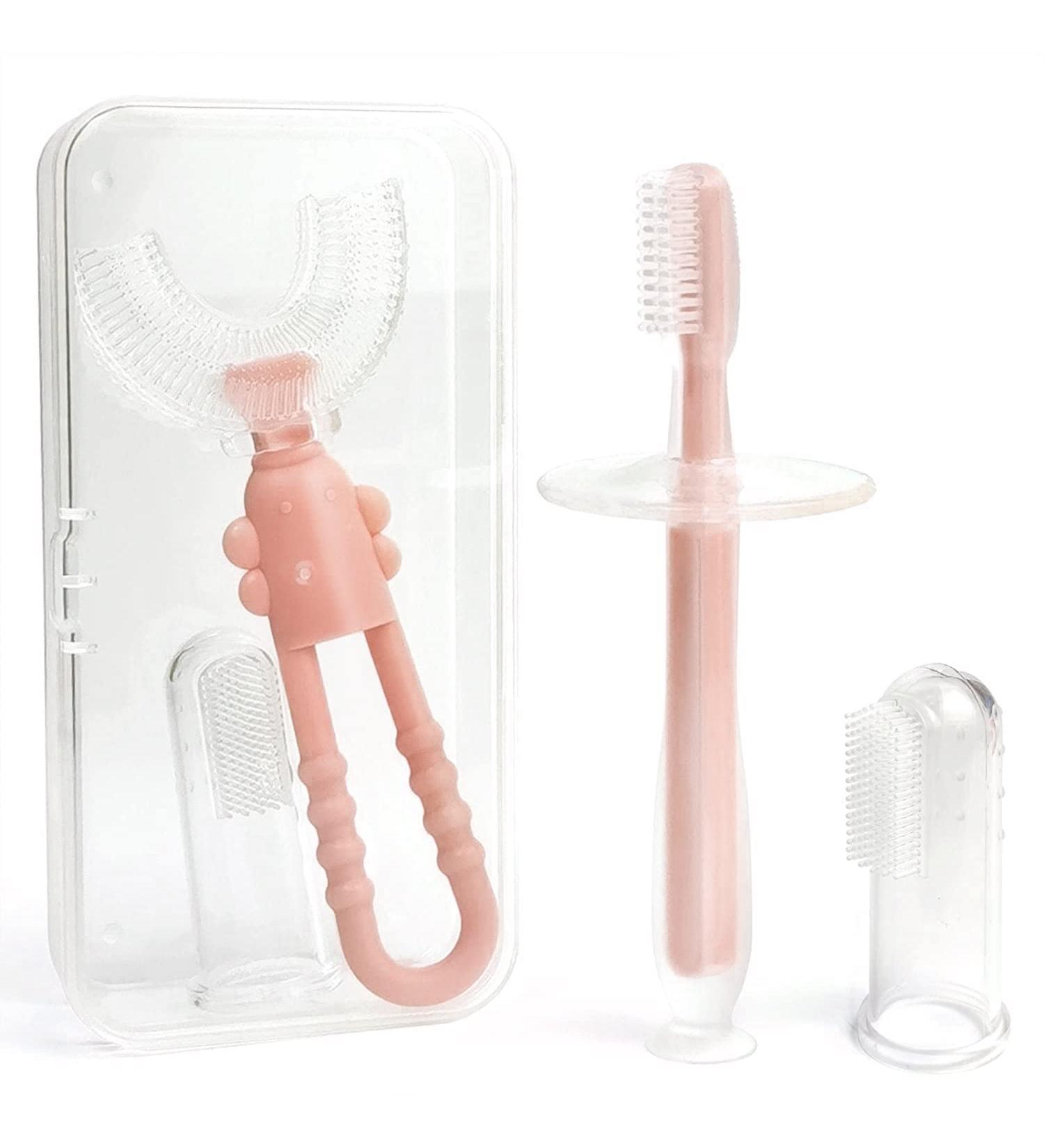 IHOMEINF Baby Toothbrush Set - 4 Pack Toddler, Infant & Children's Toothbrushes with Tongue Cleaner - Food Grade Silicone - Pink - Buy Online on GoSupps.com