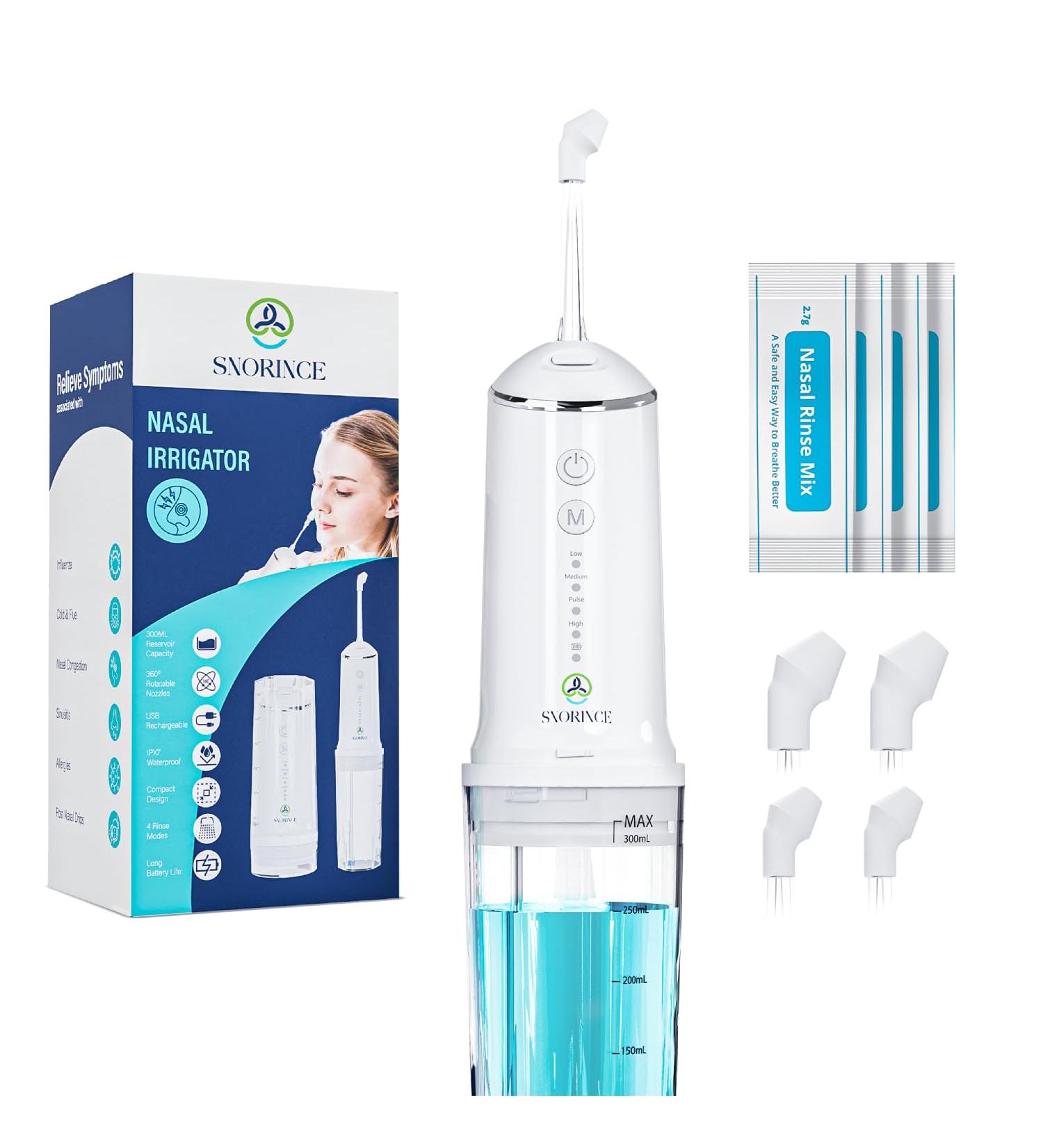 Nasal Irrigation System for Sinus Relief - Portable Cordless Electric Neti Pot Nose Cleaner - Sinus Flush Kit for Adults & Kids Home & Travel with 4 Rinse Modes 4 Nozzles 30 Salt Packs Standard - Buy Online on GoSupps.com