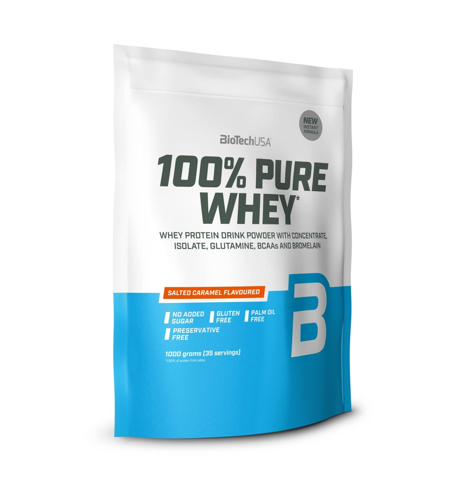 BiotechUSA 100% Pure Whey Protein Powder | 21g Protein BCAA & Glutamine | Gluten-Free Palm Oil-Free | Salty Caramel Flavor | 1 kg - Buy Online on GoSupps.com