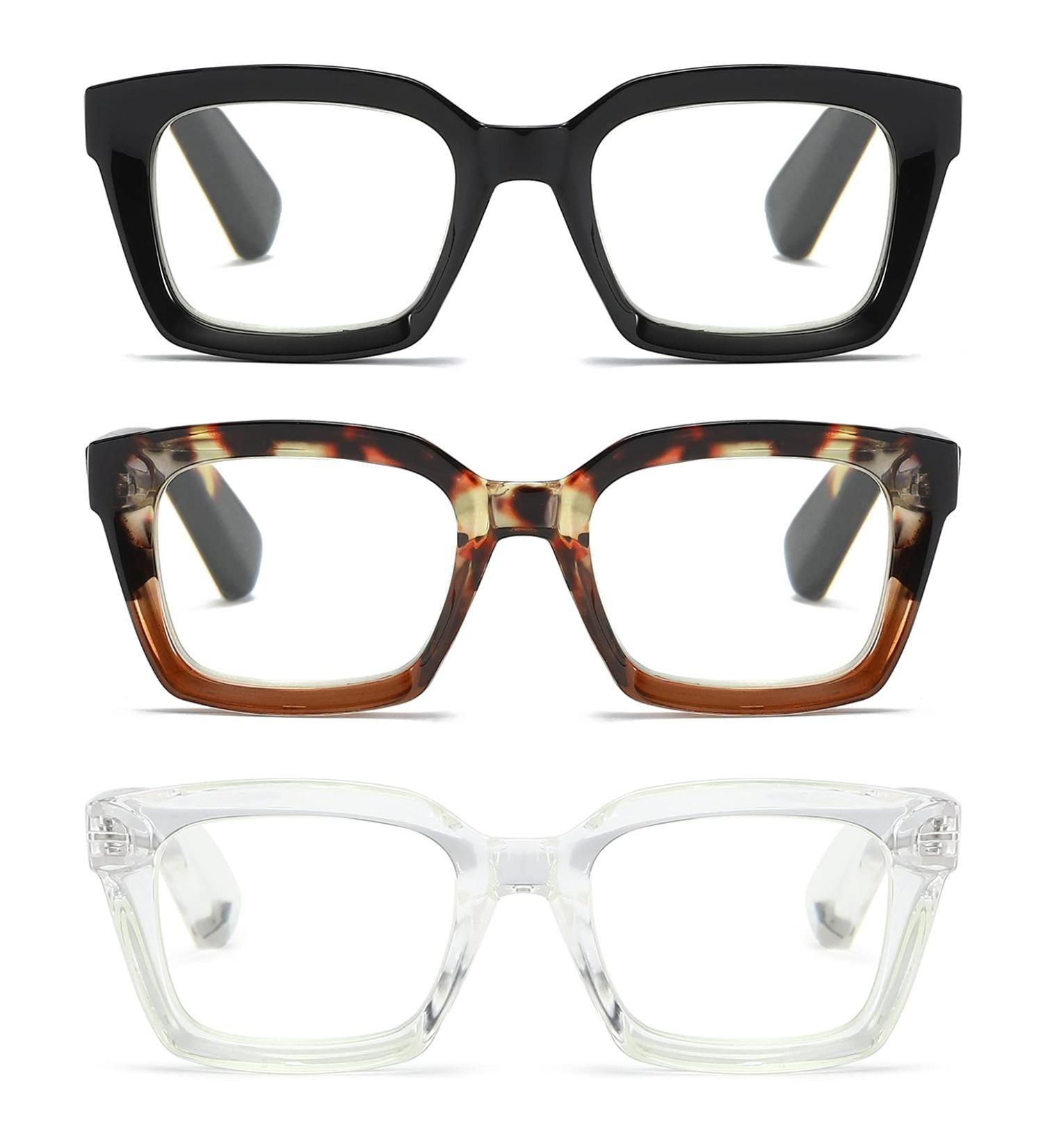 3 Pack Oversize Square Blue Light Blocking Reading Glasses for Women - 1.25x Magnification (Black, Leopard, Transparent) - Buy Online on GoSupps.com