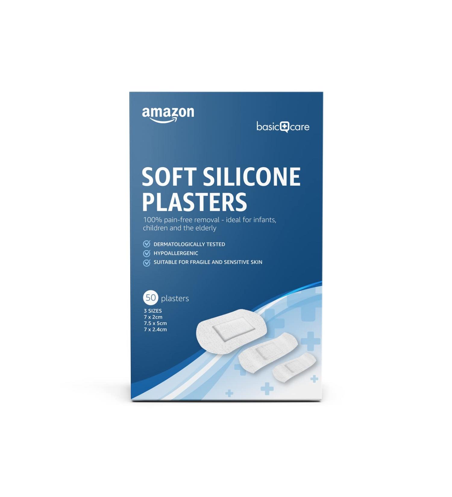 Amazon Basic Care Ultra Sensitive Plasters - 50 Count Pack - Suitable for Infants, Kids, and Elderly - Soft Silicone - 3 Sizes Included - Buy Online on GoSupps.com