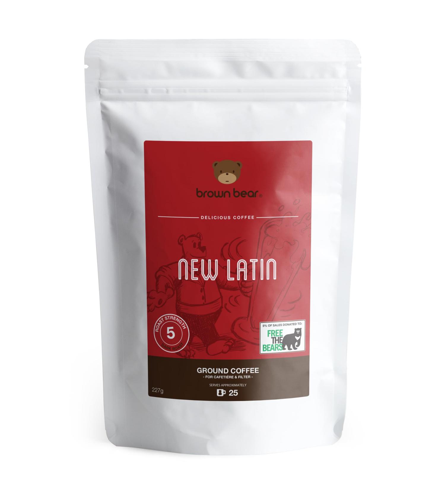 Brown Bear New Latin Blend Dark Roast Ground Coffee 227g - Strength 5 - For French Press, Cafetiere, Filter, Drip, V60, Aeropress - Supports Free The Bears - 1 Pack - Buy Online on GoSupps.com