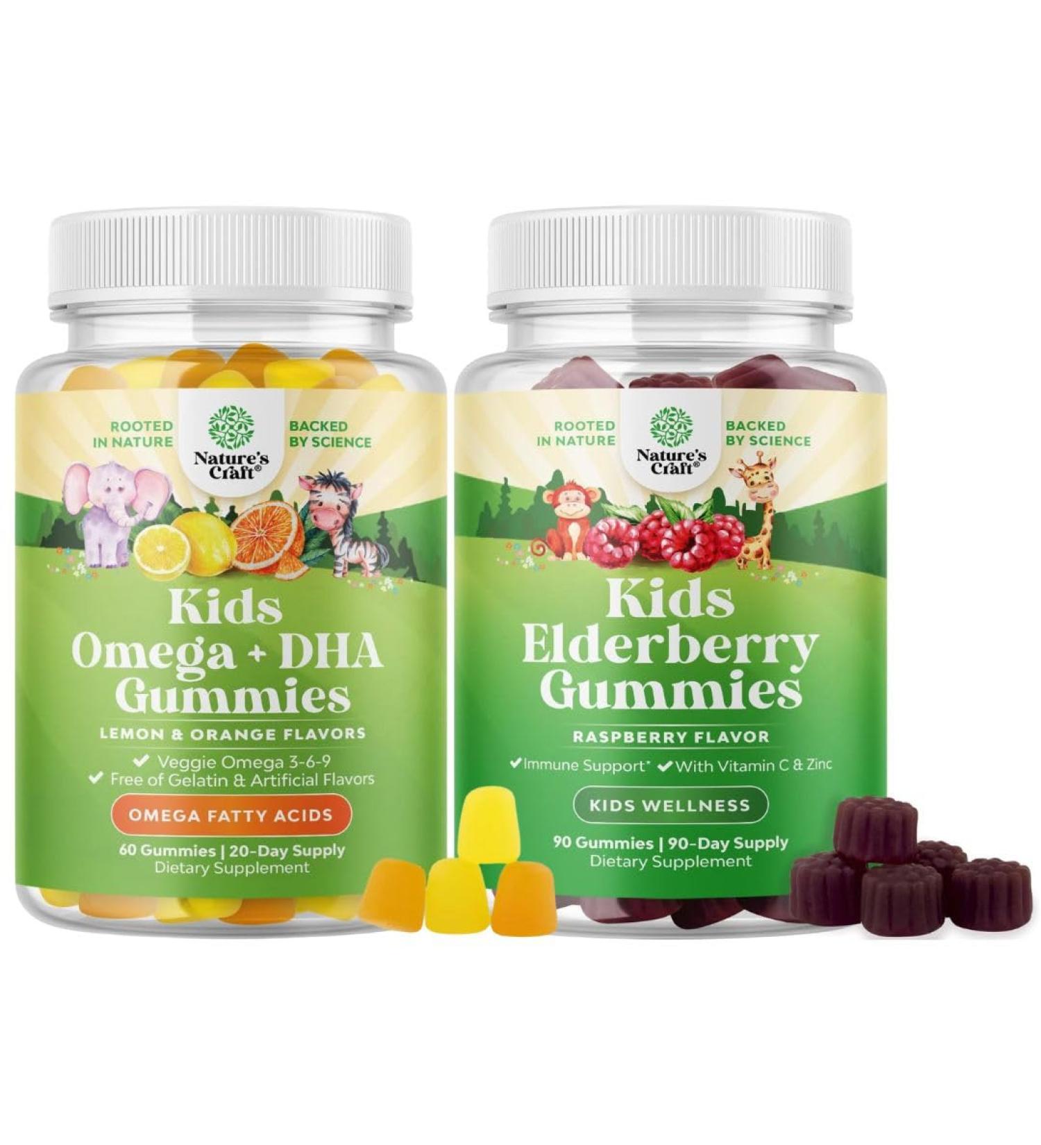 Bundle of Kids DHA Omega 3 Gummies - Fatty Acids Omega 3 6 9 for Brain Immune Strength & Vision - Nutritional DHA and Sambucus Elderberry Gummies for Kids Health - Zinc & Vitamin C for Immune Support - Buy Online on GoSupps.com