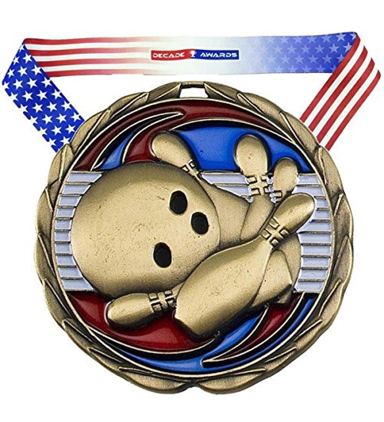 Decade Awards Bowling Color Medal - 2.5 Wide Tournament Medallion with American Flag Ribbon - GOLD - Buy Online on GoSupps.com