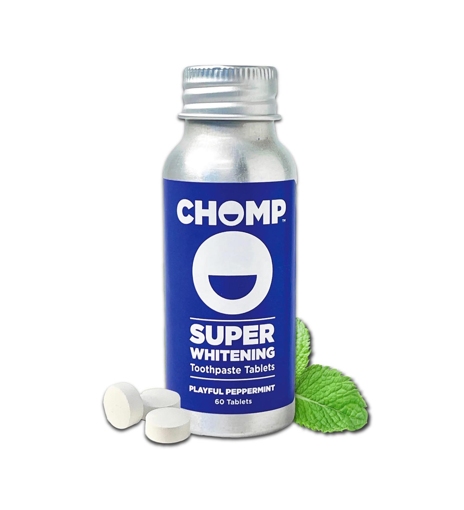 Chomp Toothpaste Tablets - Peppermint Whitening 60 Count | Eco-Friendly Travel-Friendly Vegan - Buy Online on GoSupps.com