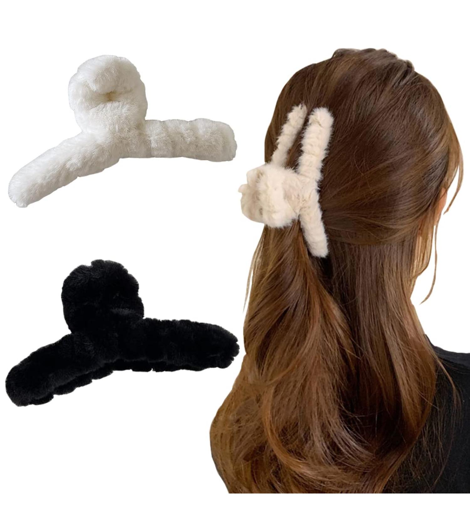 Fuzzy Claw Clips Set - Large Plush Hair Clamp for Thick Hair - 2pcs Faux Fur Hair Claws - Cute Hair Clips for Thin Hair - Buy Online on GoSupps.com