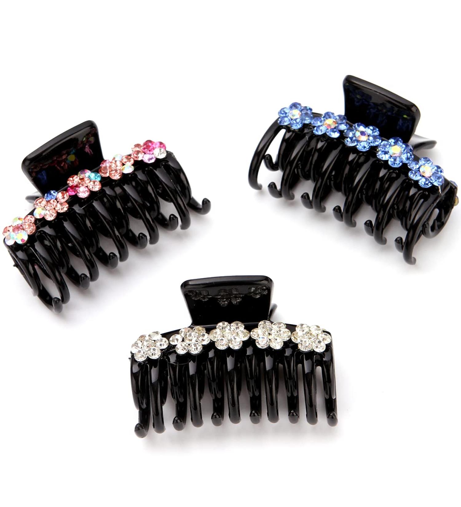 LONEEDY 3PCS Rhinestone Flower Hair Claw Clips - Strong Hold Double Teeth Jaw Clips (Medium) - Color, Light Blue, Silver - Buy Online on GoSupps.com