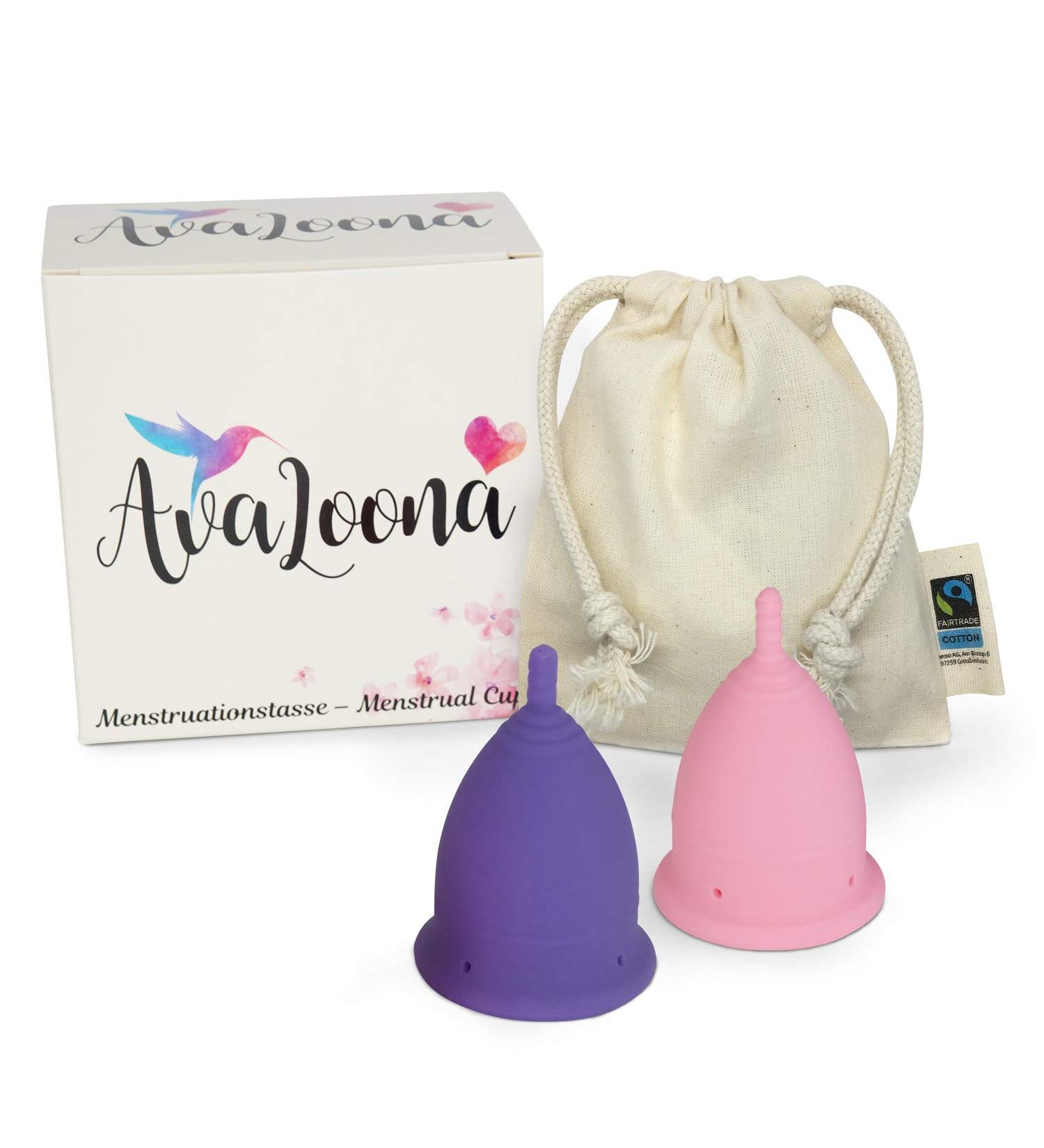 Avaloona Menstrual Cup Set - Made in Germany Fairtrade Organic Cotton Bag Hygienic & Vegan - Double Pack (Small Pink-Purple) | Sustainable & Anti-Allergen - Buy Online on GoSupps.com