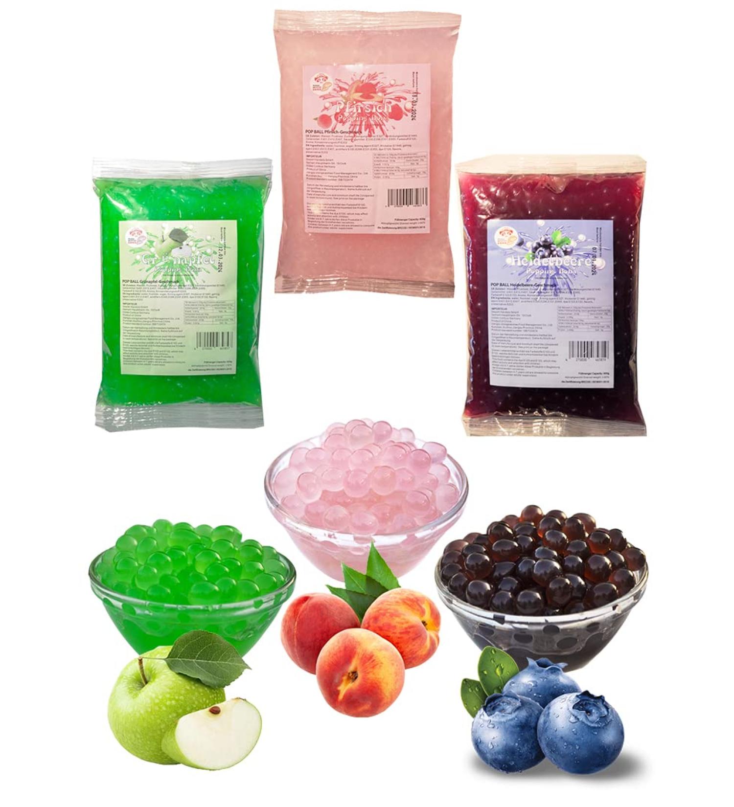 Buy Bubble Tea Popping Boba Mix - 3 x 600g Peach Green Apple & Blueberry - Gluten-Free Fruit Beads for DIY Toppings - Buy Online on GoSupps.com