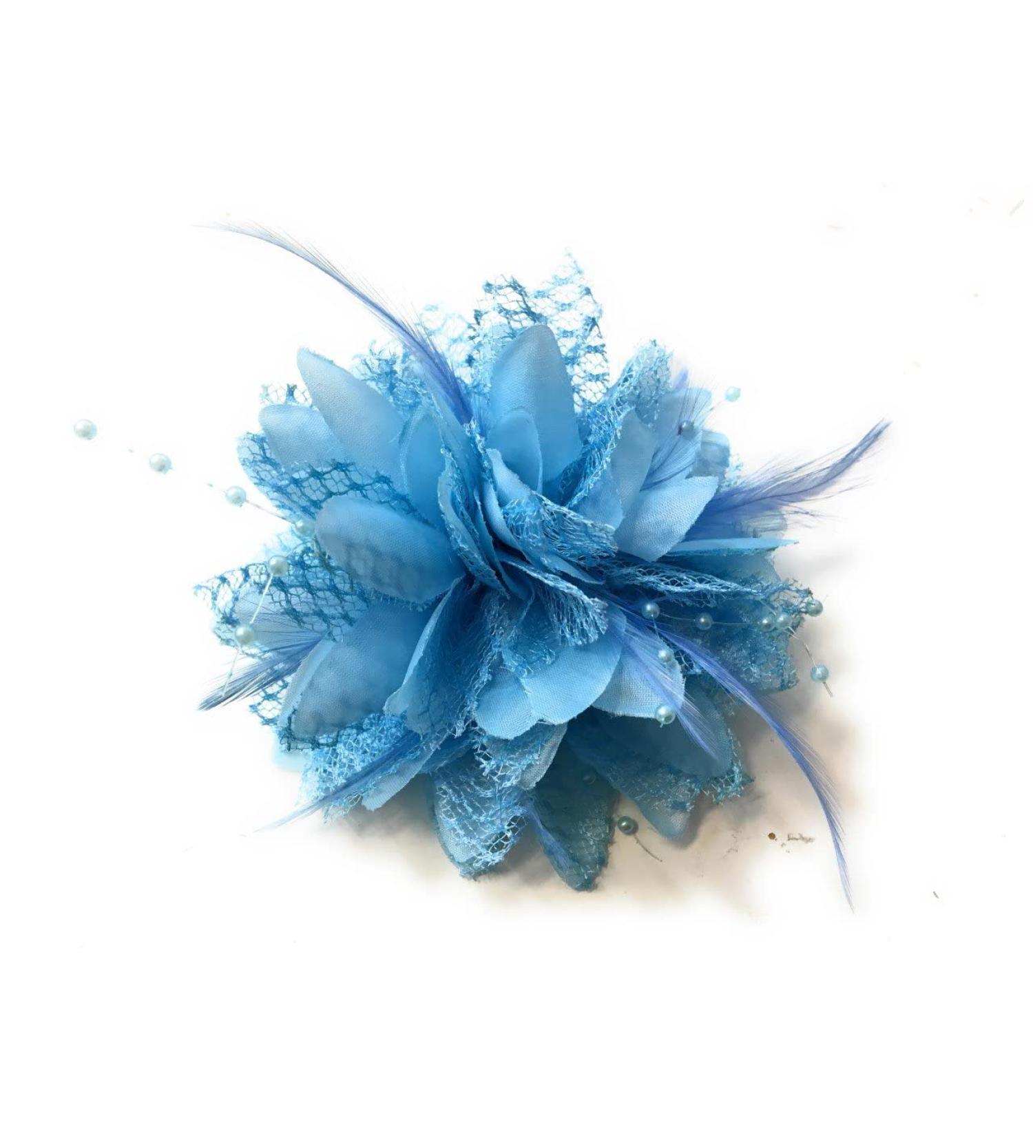 Flower Feather Bead Corsage Hair Clips Fascinator Hairband and Pin (Light Blue)