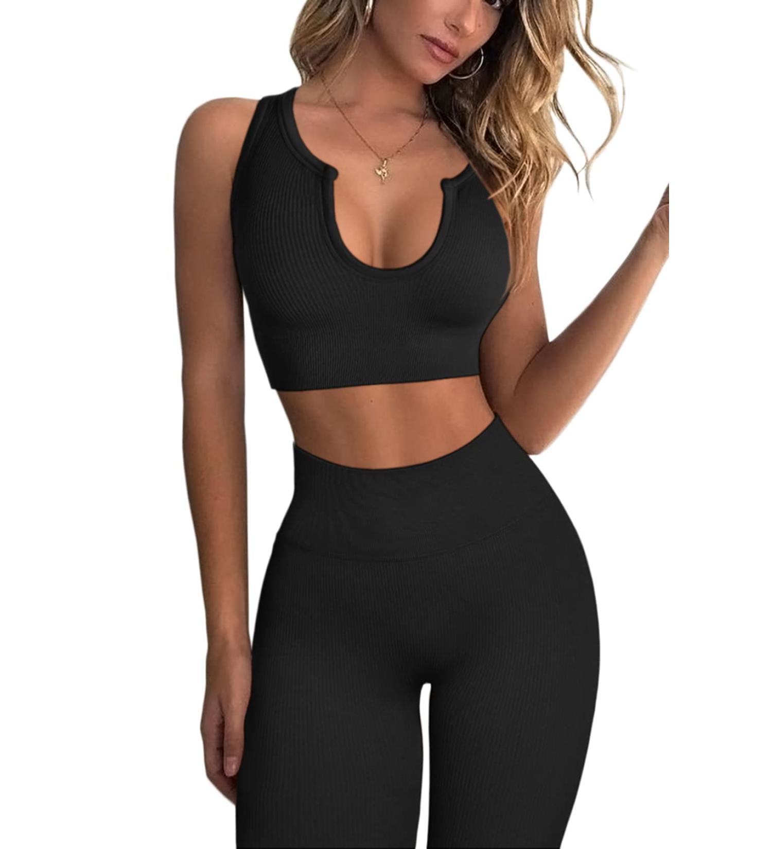 QINSEN Ribbed Seamless Crop Tank & High Waist Yoga Leggings Set - Large Black - Buy Online on GoSupps.com