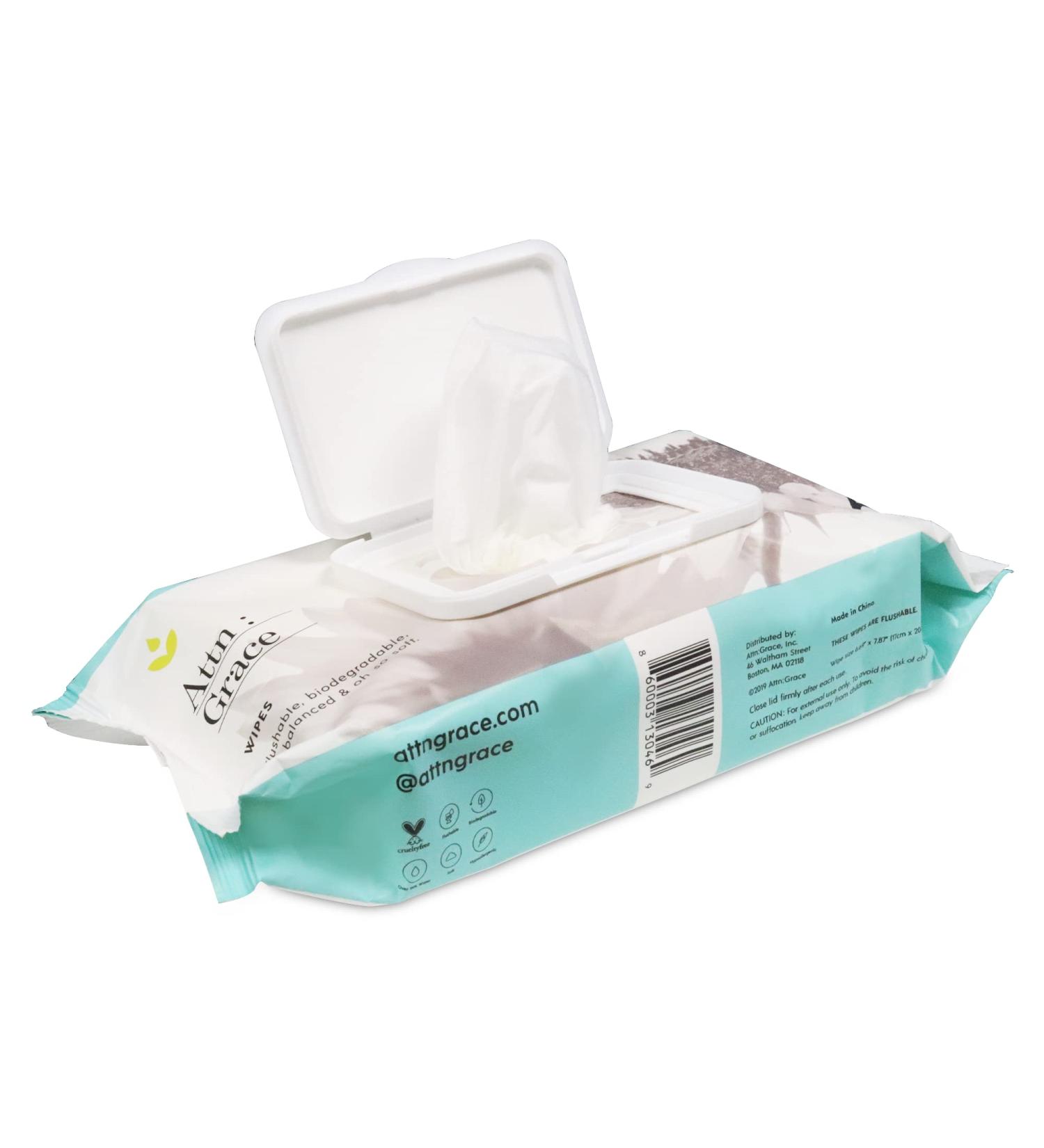 Grace Soft Flushable Wet Wipes for Women - 60 Hypoallergenic Wipes with Aloe Vera & Coconut Oil - Gentle Cleanse for Sensitive Skin - Buy Online on GoSupps.com