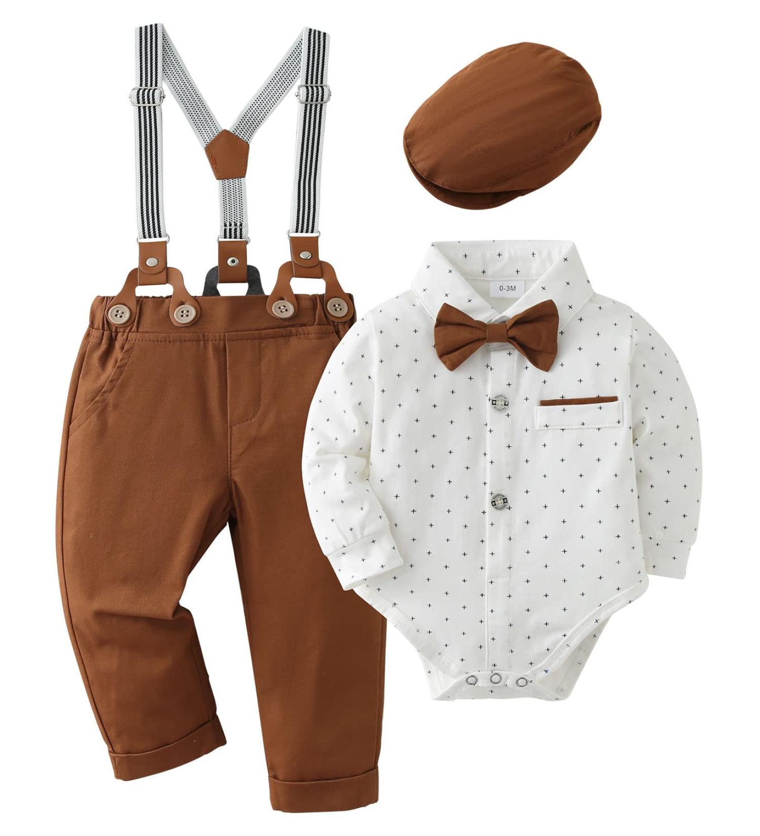 Baby Boy Gentleman Suit 3pcs Set | Formal Tuxedo Romper, Suspender Pants, Beret Hat | White | 12-18 Months - Buy Online on GoSupps.com