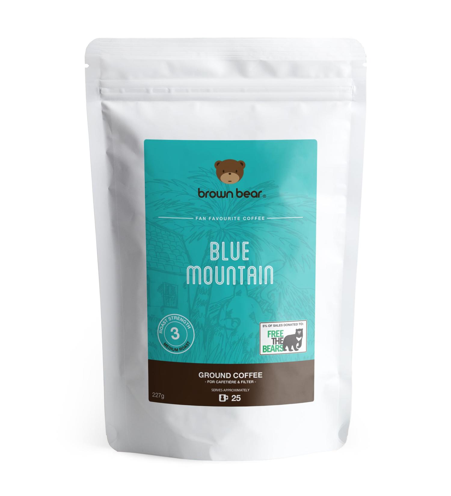 Blue Mountain Blend Medium Roast Ground Coffee 227g - Ideal for French Press, Cafetiere, Filter, Drip, V60, Aeropress - Strength 3 - Brown Bear - Donate to Free The Bears - Buy Online on GoSupps.com