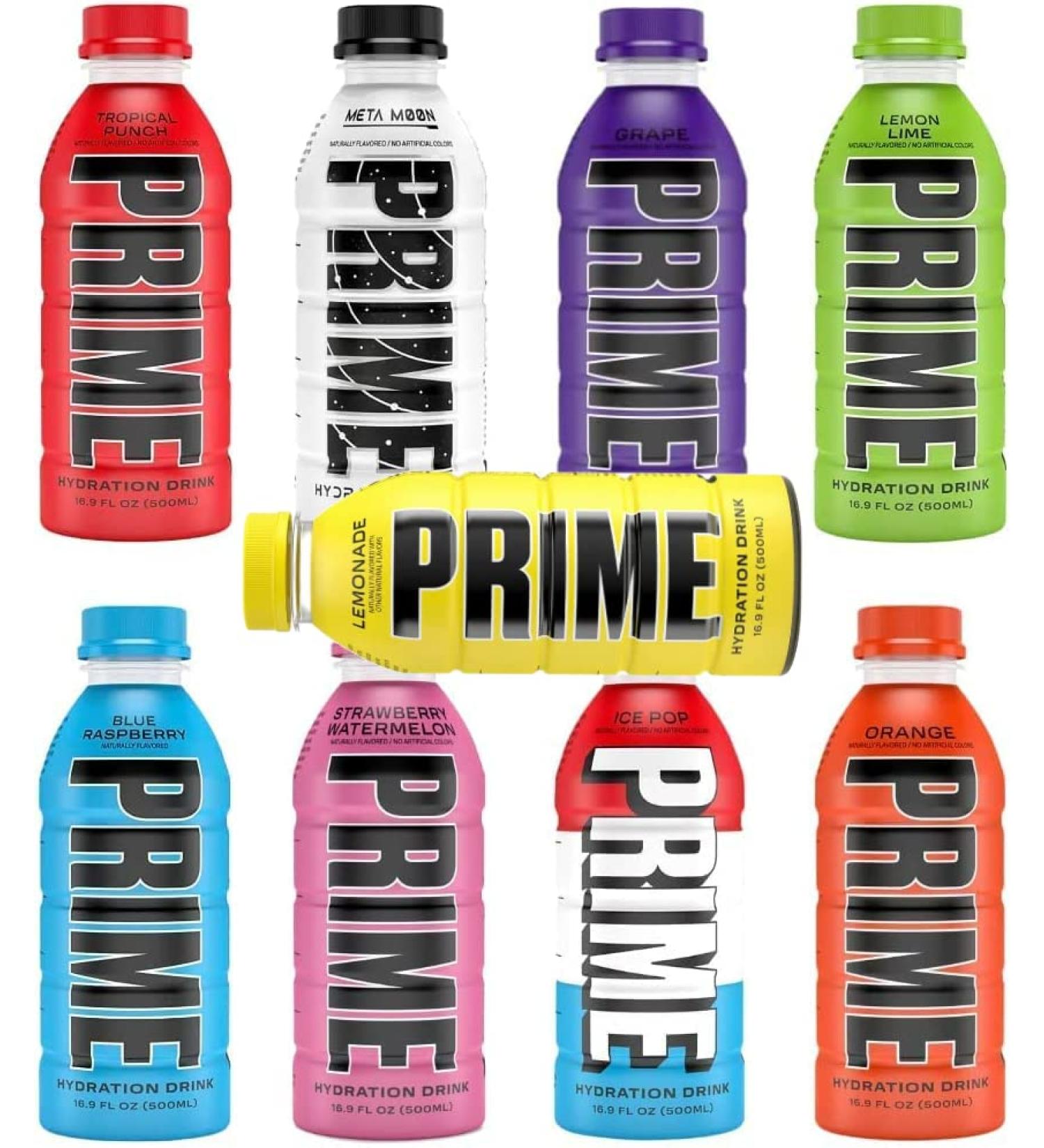 All 9 Flavours Prime Hydration Lemonade Strawberry Watermelon Meta Moon Ice Pop Tropical Punch Blue Raspberry Lemon Lime Grape & Orange (16.9Oz Each - 9 Pack - 9 Flavours)