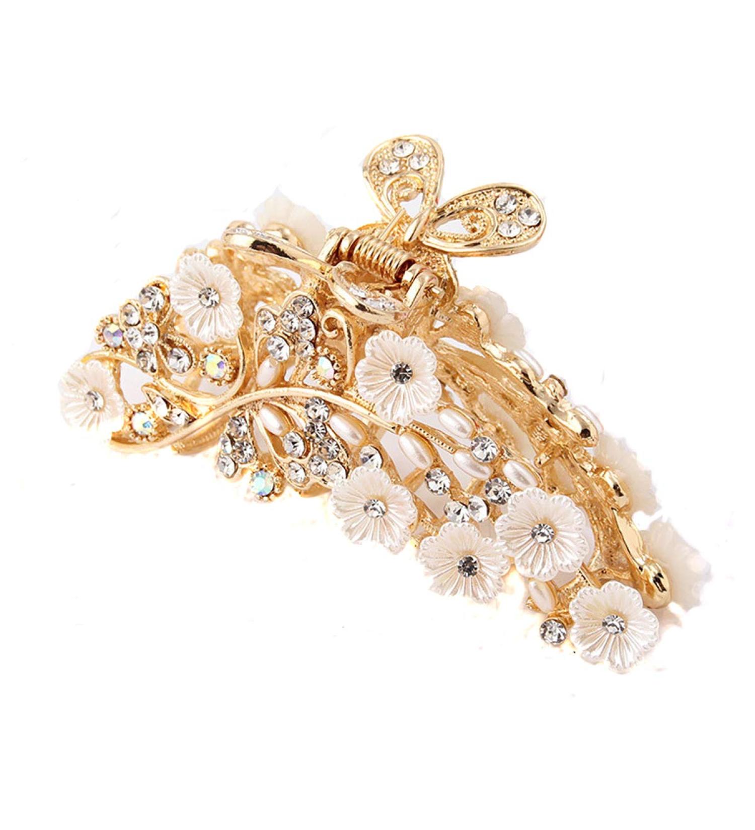 Vintage Metal Rhinestone Hair Claw with Imitation Pearl - Large Size Hair Clip for Women (Gold-A) - Buy Online on GoSupps.com