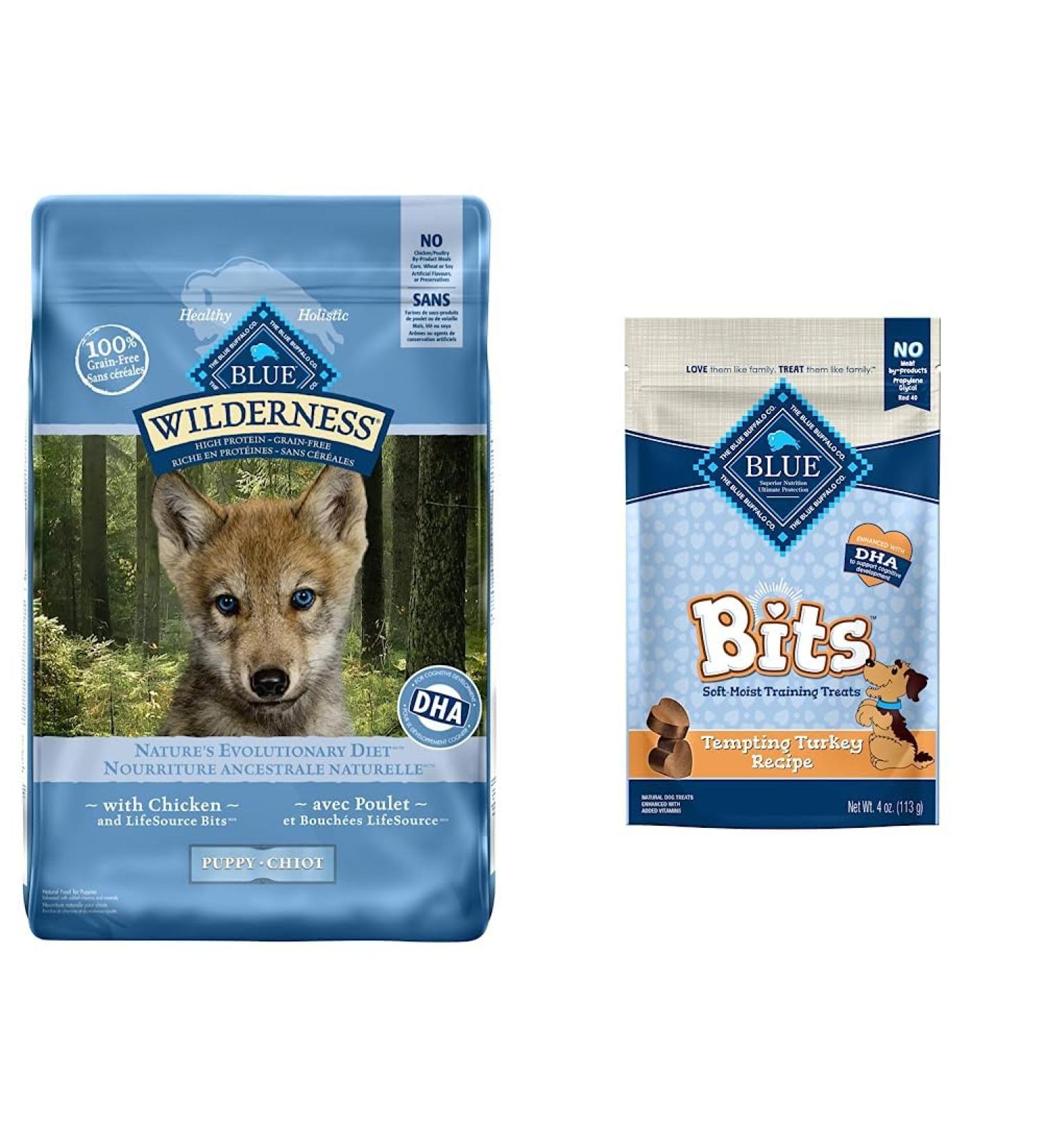 Blue Buffalo Wilderness High Protein Grain Free Natural Puppy Dry Dog Food (Chicken) 10.8 Kg Bag + BLUE Bits Natural Soft-Moist Training Dog Treats (Turkey Recipe) 113g Bag Dry Dog + Dog Treats 113g High Protein Grain Free Puppy Chicken - Buy Online on GoSupps.com