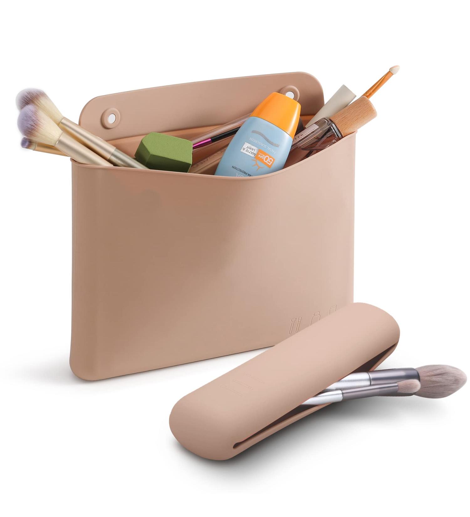 FERYES Khaki Makeup Bag & Travel Brush Holder - Portable Silicone Cosmetic Case for Toiletries - Buy Online on GoSupps.com