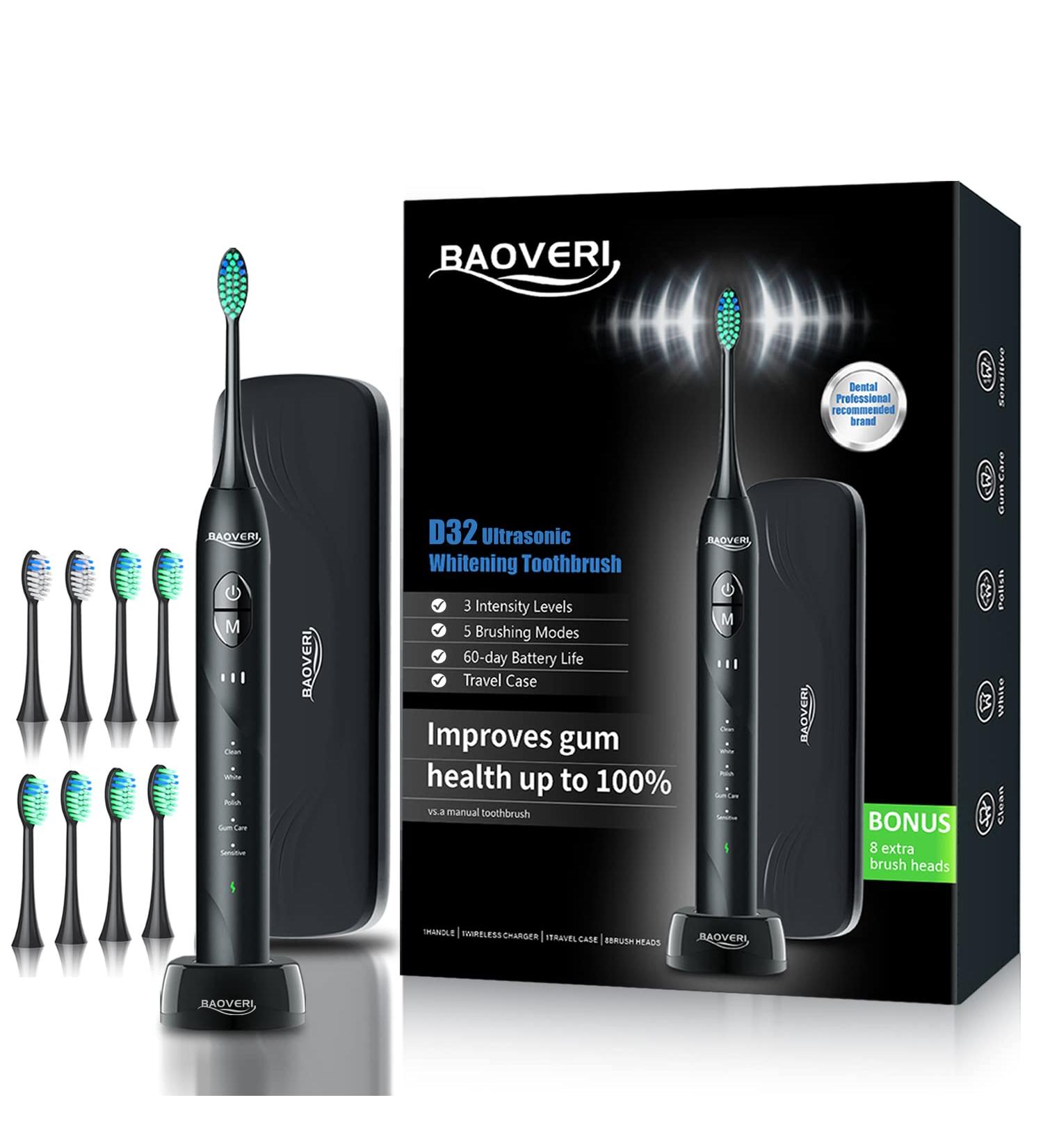 Wireless Rechargeable Sonic Electric Toothbrush for Adults | 8 Brush Heads, Travel Case | 5 Modes, 3 Intensity Levels, Smart Timer | Whitening, Plaque Removal | 60 Days Battery Life - Buy Online on GoSupps.com