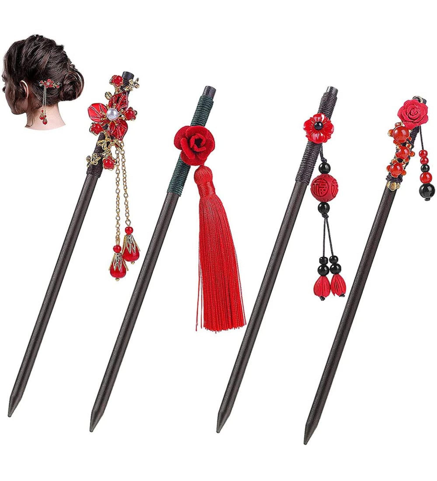 Vintage Chinese Wood Hairpins - Set of 4 Elegant Hair Sticks for Women & Girls - Unique Hairstyles & Accessories - Buy Online on GoSupps.com