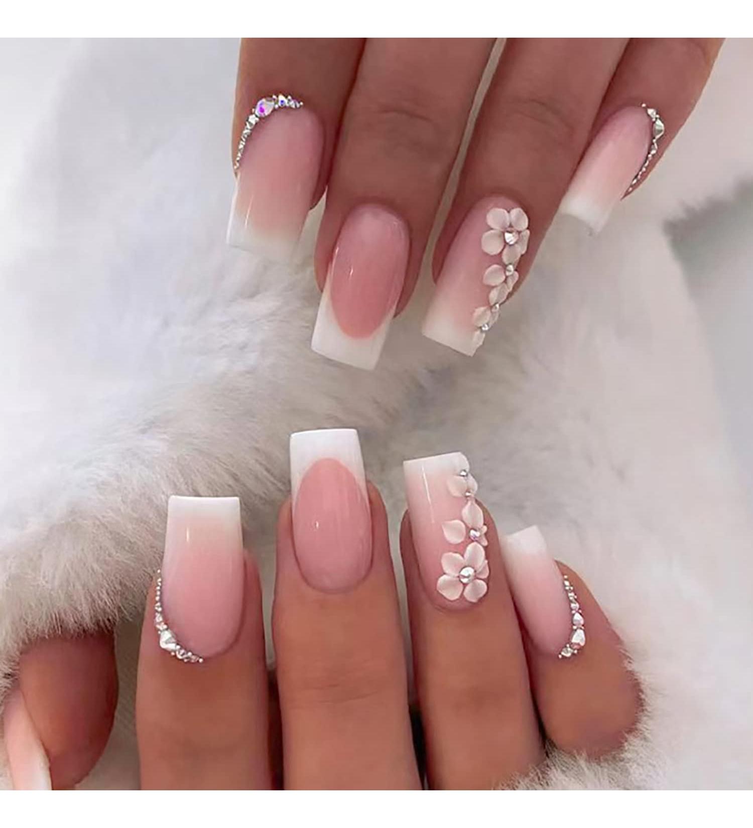 Medium Square Press on Nails - French Tip Pink Full Cover False Nails with Flower & Rhinestones - 24Pcs Spring Glue on Nails for Women & Girls - Buy Online on GoSupps.com