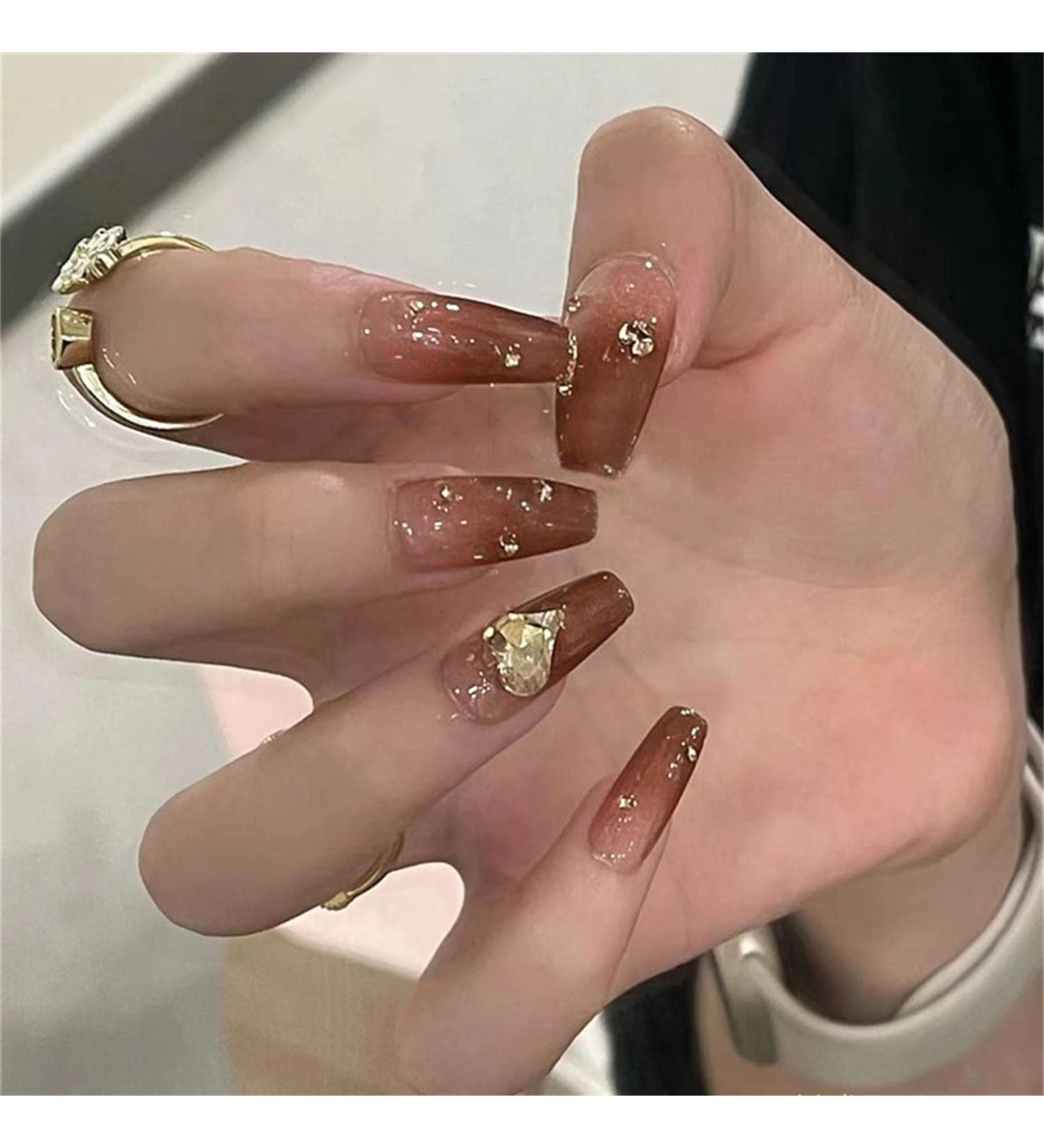 Press on Nails Long Fake Nails 24Pcs Shiny Caramel Gradient False fingernail with Self-Adhesive Jelly Nail Glue Tabs Press On False Nails - Buy Online on GoSupps.com