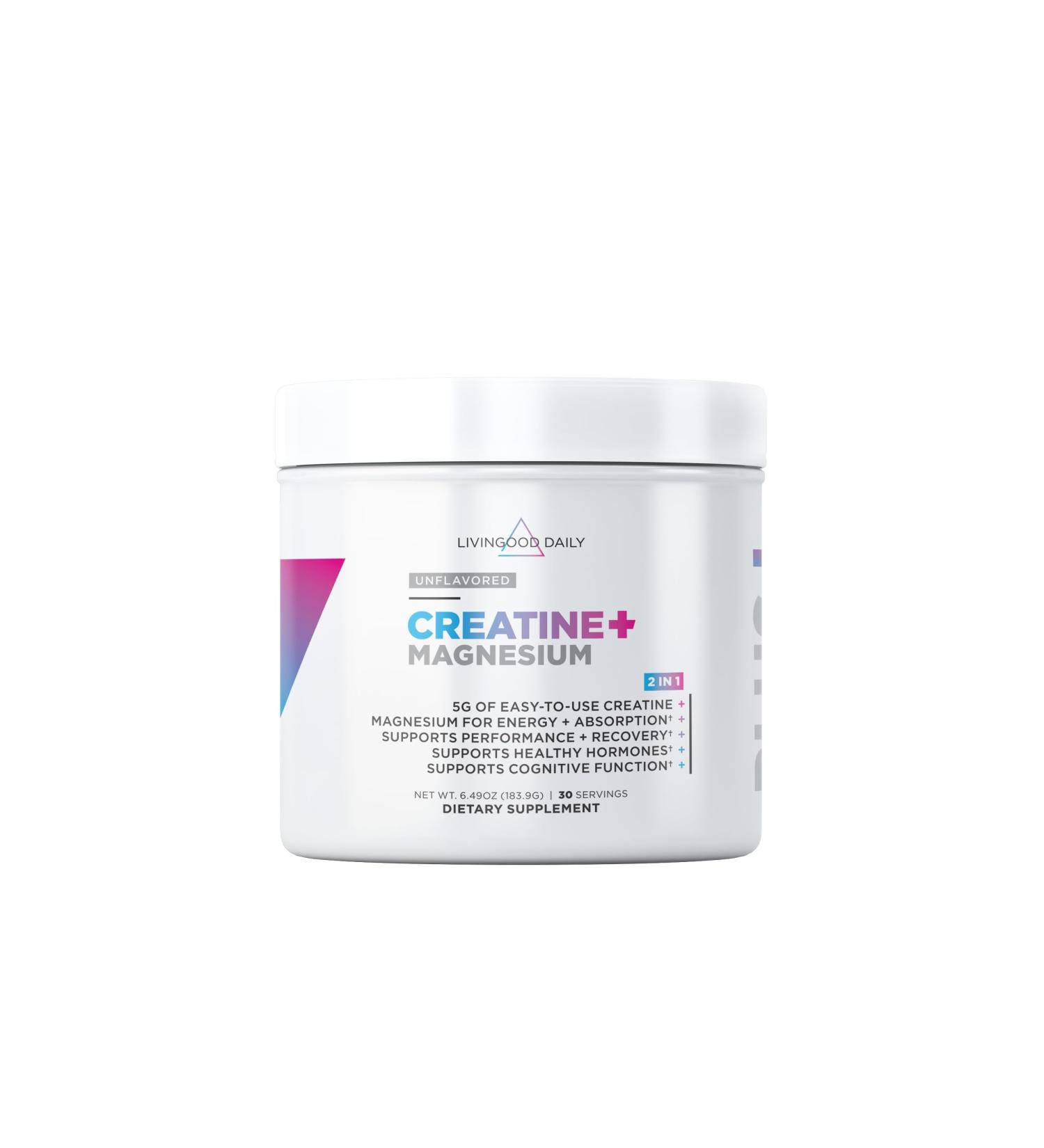 Livingood Daily Creatine + Magnesium Powder Unflavored | 5g Micronized Creatine Monohydrate with Magnesium for Energy Muscle Recovery & Performance | 30 Servings - Buy Online on GoSupps.com