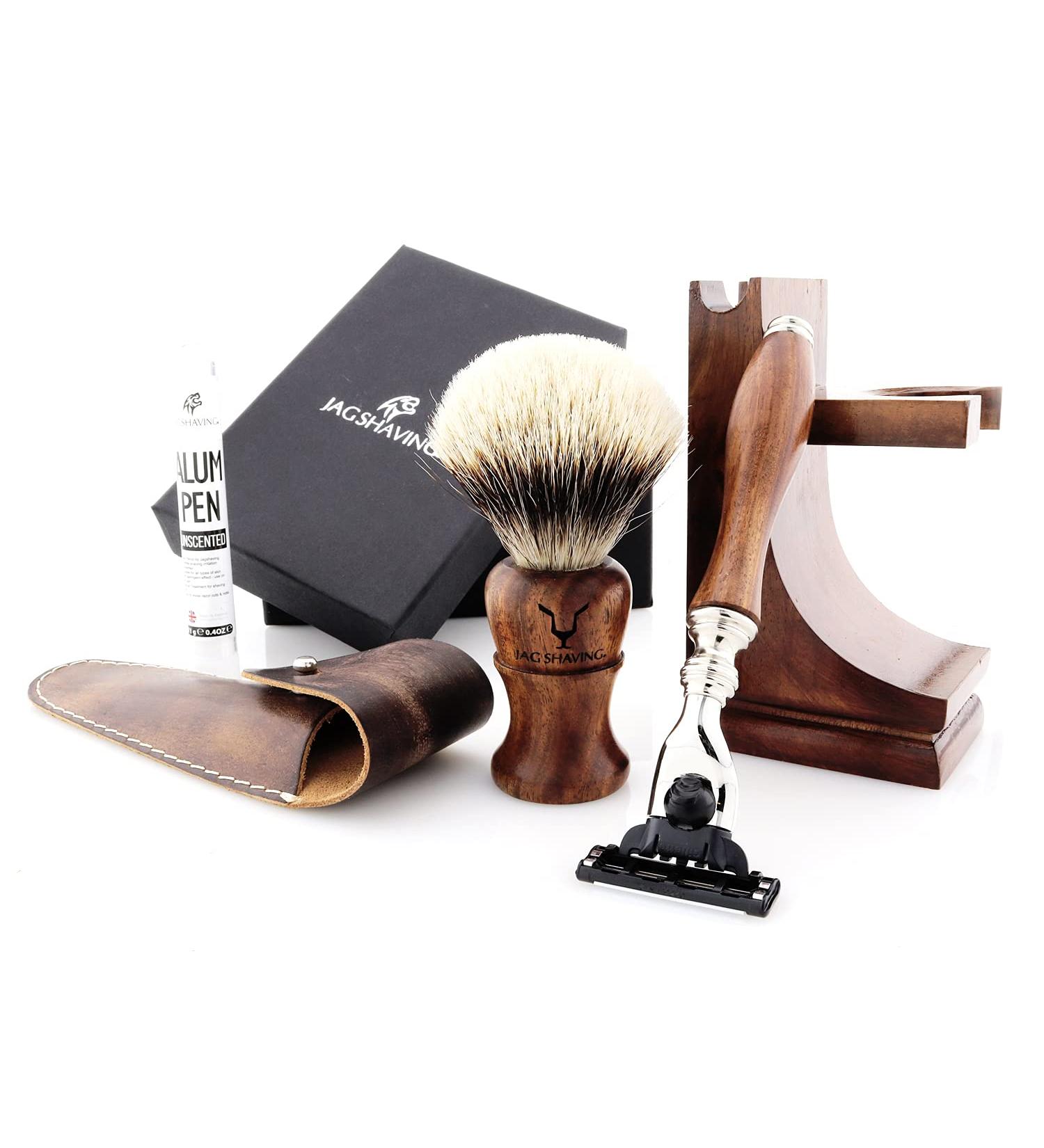 JAG Shaving Razor Set - Sustainable 3-Part Wood Razor with Silberspitze & Dachshaar - Elegant Shaving Stand & Leather Case - Shop Internationally! - Buy Online on GoSupps.com