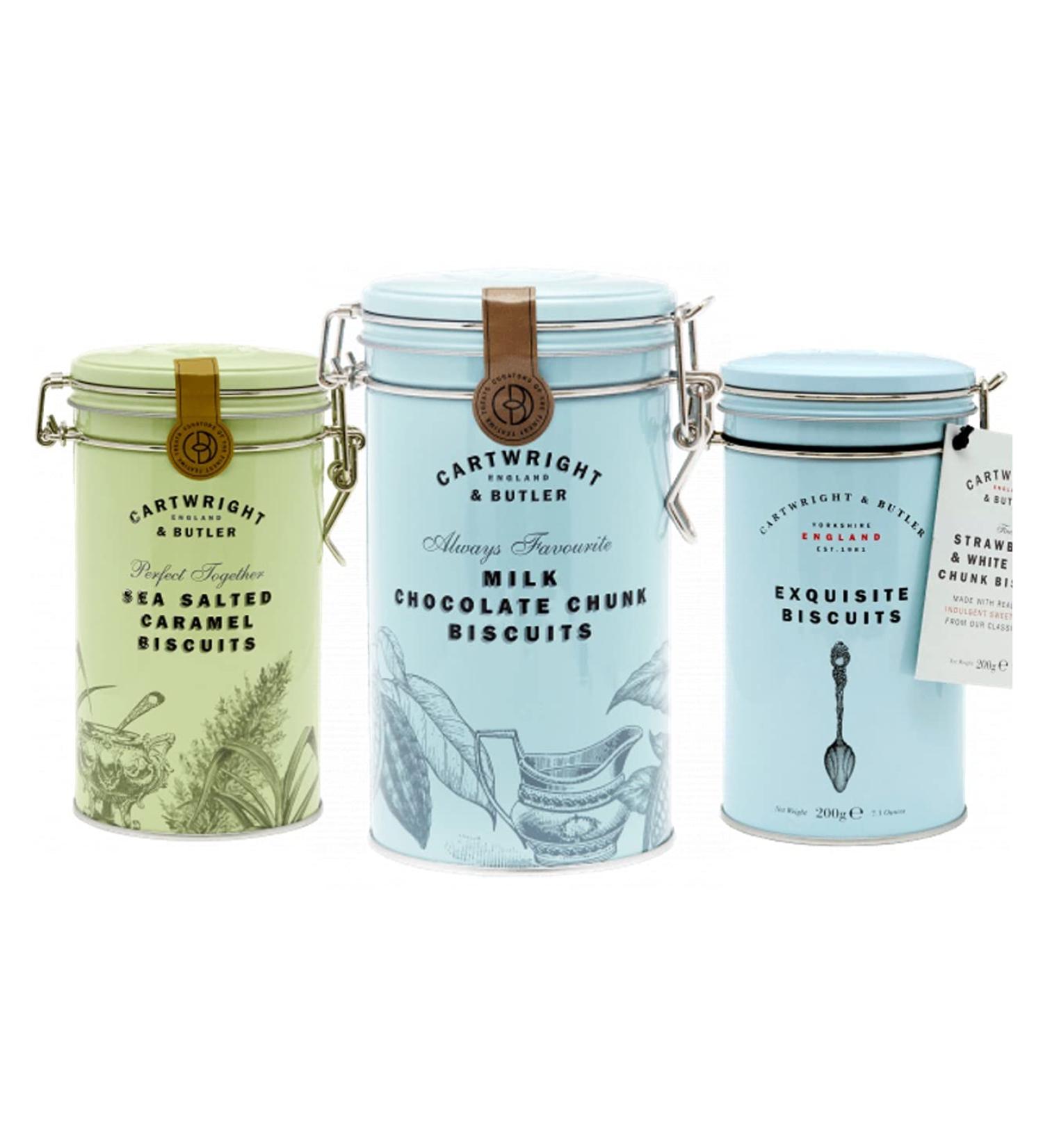 Cartwright & Butler Cartwright & Butler | Cookie Tin Trio | Presented in our reusable tins with clip-on lids | Includes milk chocolate salted caramel strawberry and white chocolate cookies - Buy Online on GoSupps.com