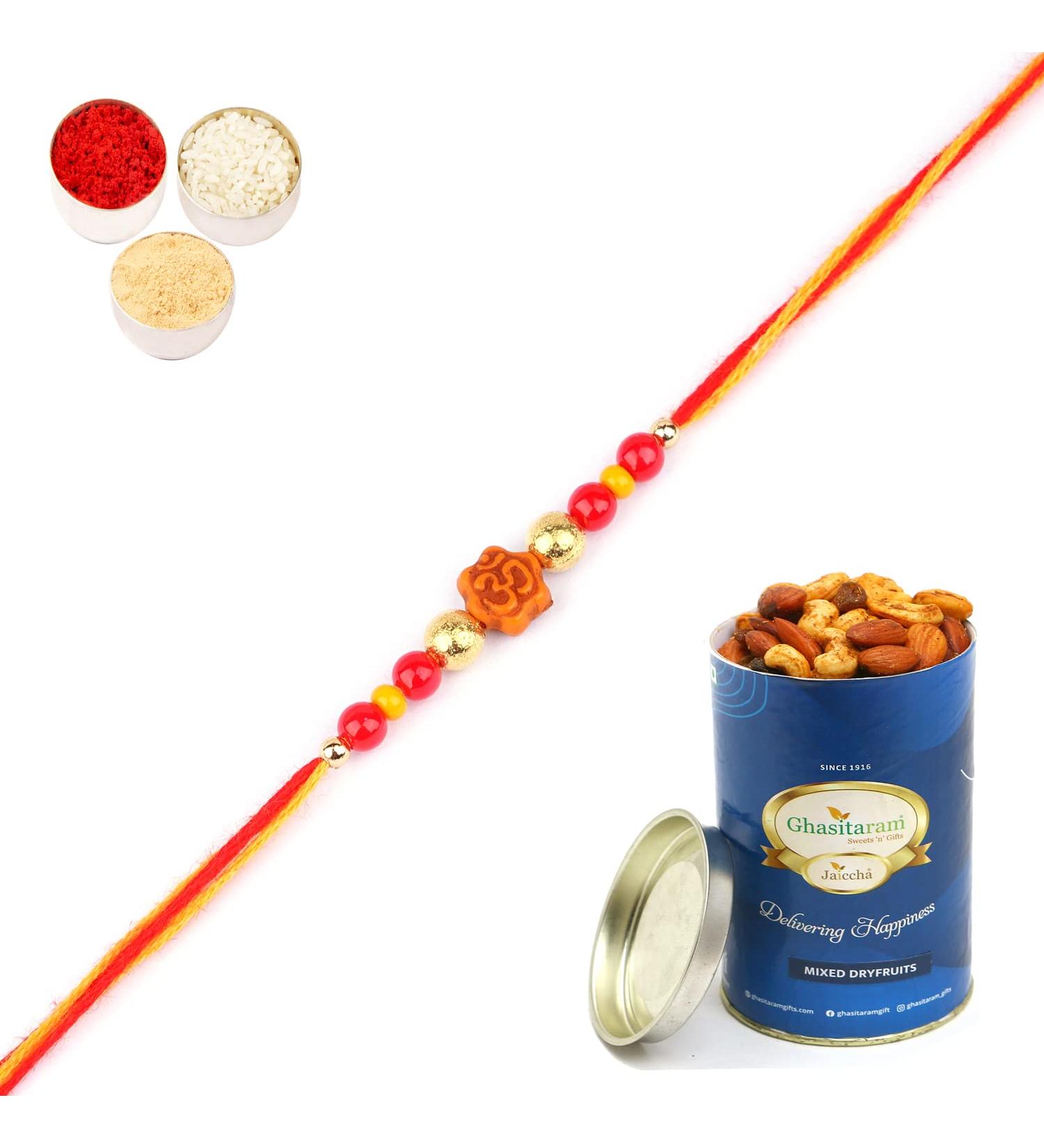 Ghasitaram Gifts Rakhis Online for Brother- 6074 Rakhi Thread with 100 GMS of Dryfruits Mix Can Rakhi Set with 100 gms of Dryfruits Mix Can - Buy Online on GoSupps.com